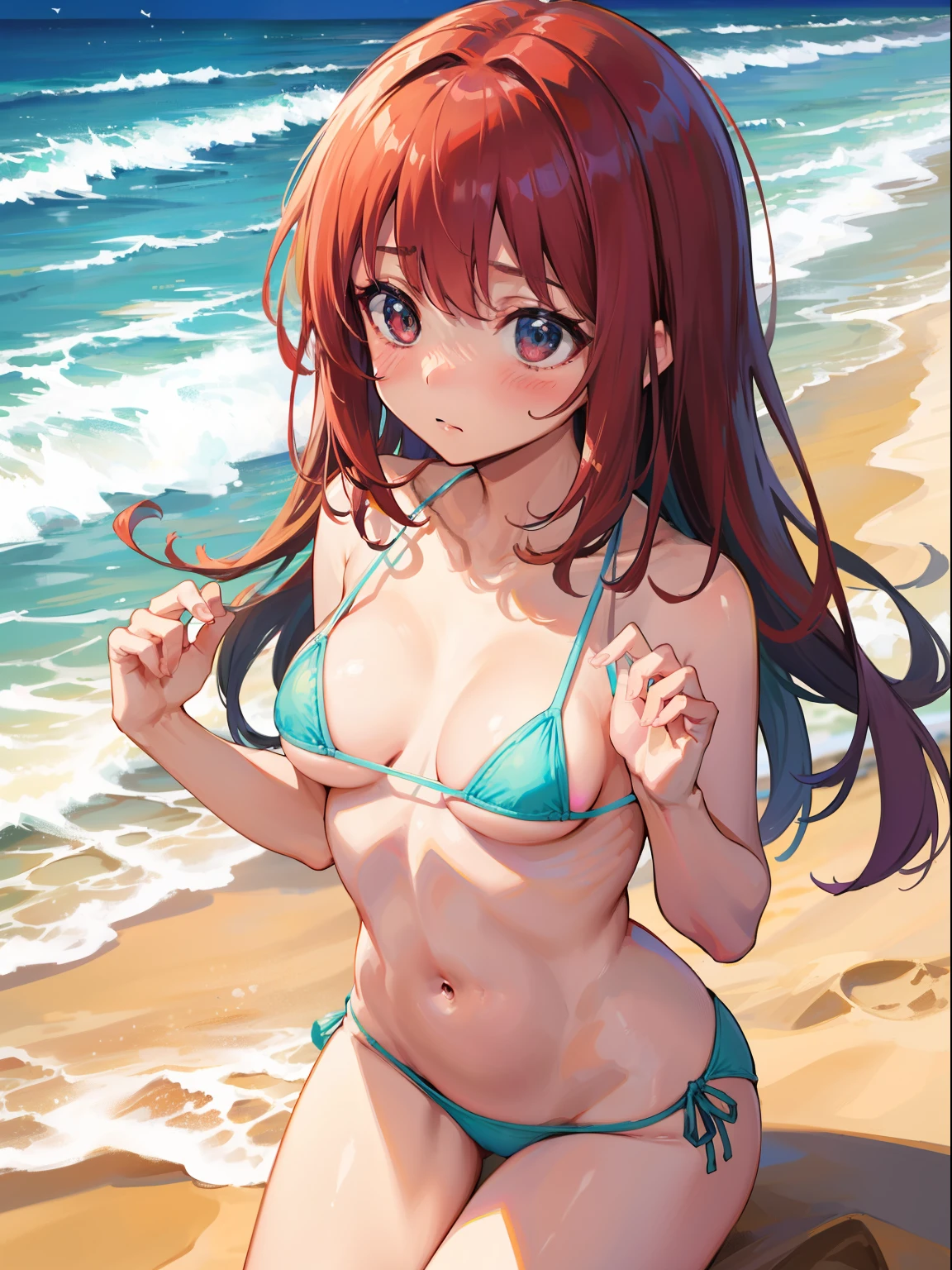 Naked Micro Bikini、Small、bottom less、Hide your with your hands、a cute、Blushed、cleavage of the breast、thights、no brassiere、without panties、high picture quality、vivid、High detail、sand beach