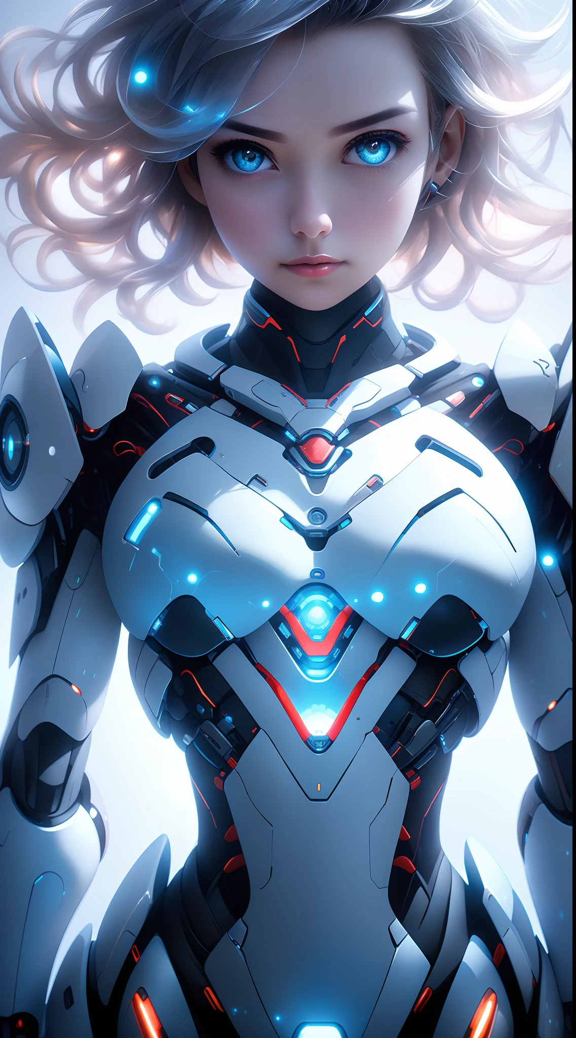1girl huge large breasts,(edgMechagirl,A woman in a mecha costume,futuristic armor,Wearing edgMechaGirl cyber_armor:1.2),Complex armor mechanism,a bioluminescence,rich color matching,Perfect face,Nice face,Coral eyes,Silver ponytail,mediuml breasts,Very detailed details,sexy cleavage,Preposterous,sci-fi , Preposterous,((Whole human body)),Faraway view,the panorama,dynamicpose。