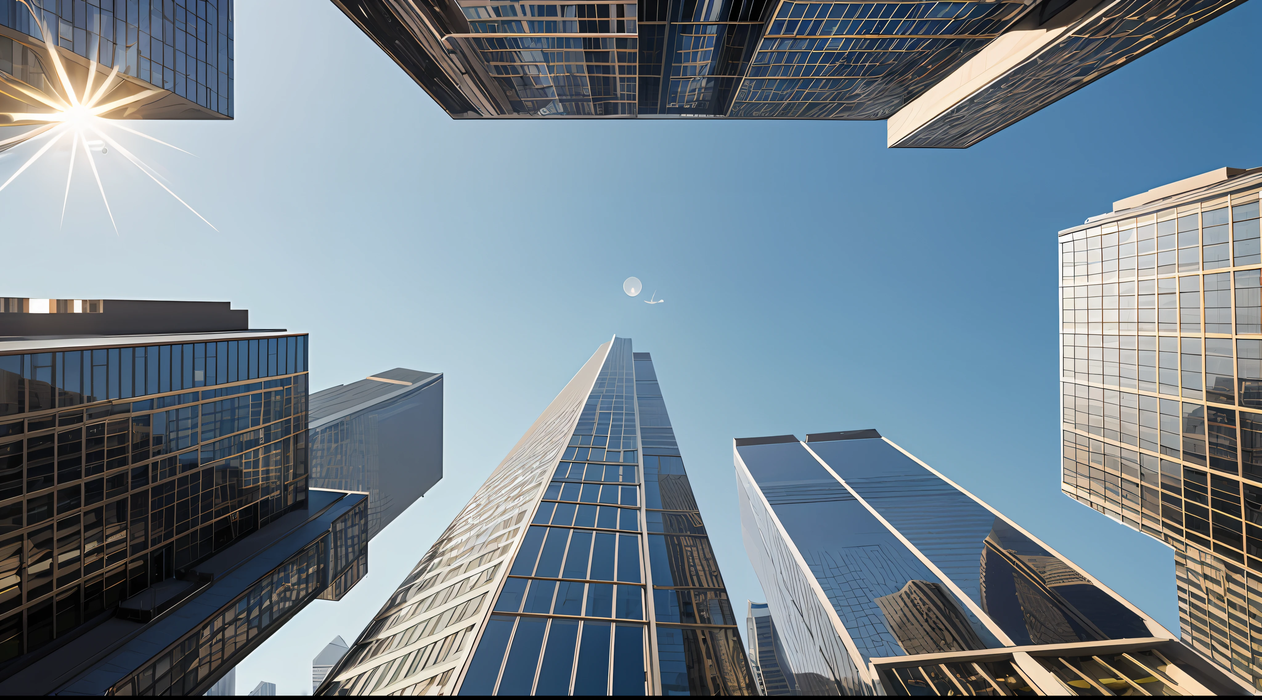 Create a high-resolution 3D image of a dense cluser of skyscrapers.The buldings should br modern and sleek, wirh glass facades reflecting the sunlight. The scene should be set during the day with clear skies. The perspective should be from a high vantage point, looking down on the cityscape.