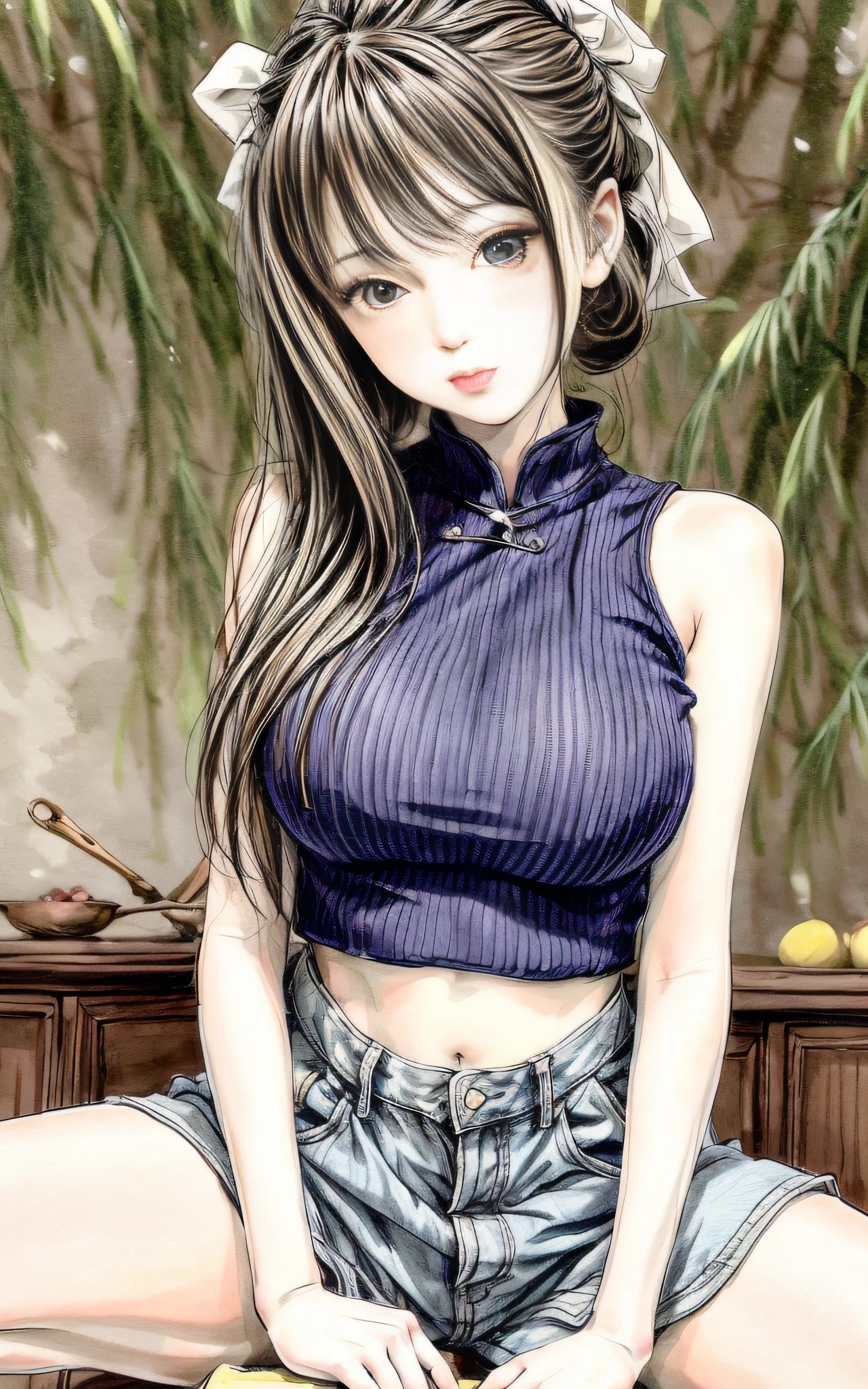 shukezouma, negative space, , shuimobysim , portrait of a woman standing, willow branches, (masterpiece, best quality:1.2), traditional chinese ink painting, modelshoot style, peaceful, (smile), looking at viewer, A girl in distressed white sleeveless top and distressed Low Rise Booty Denim Shorts, perfect body: 1.4, Slim abdomen: 1.2, gigantic breasts,on knees, squat down,