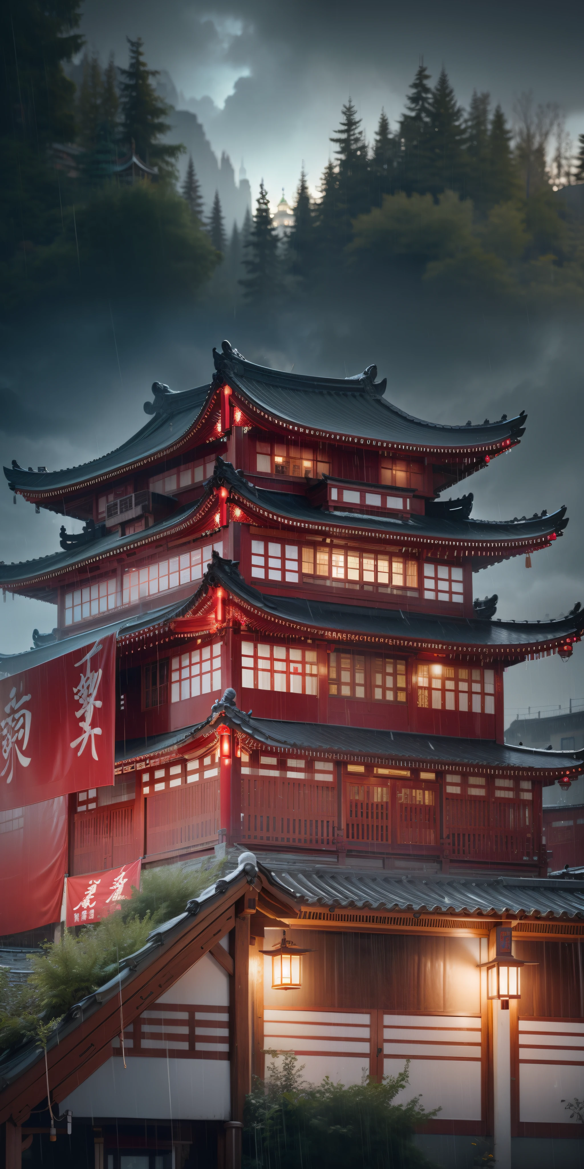 arafed view of a village with a lot of lights on the buildings, dreamy chinese town, chinese village, amazing wallpaper, japanese town, japanese village, hyper realistic photo of a town, old asian village, japanese city, by Raymond Han, rainy evening, cyberpunk chinese ancient castle, beautifully lit buildings, at evening during rain, beautiful and aesthetic, photography, cinematic, 8k, high detailed ((Heavy rain)))