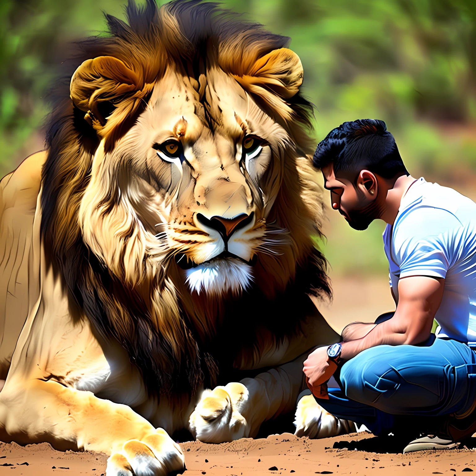 I created a strong man looking at a lion in front of him --auto