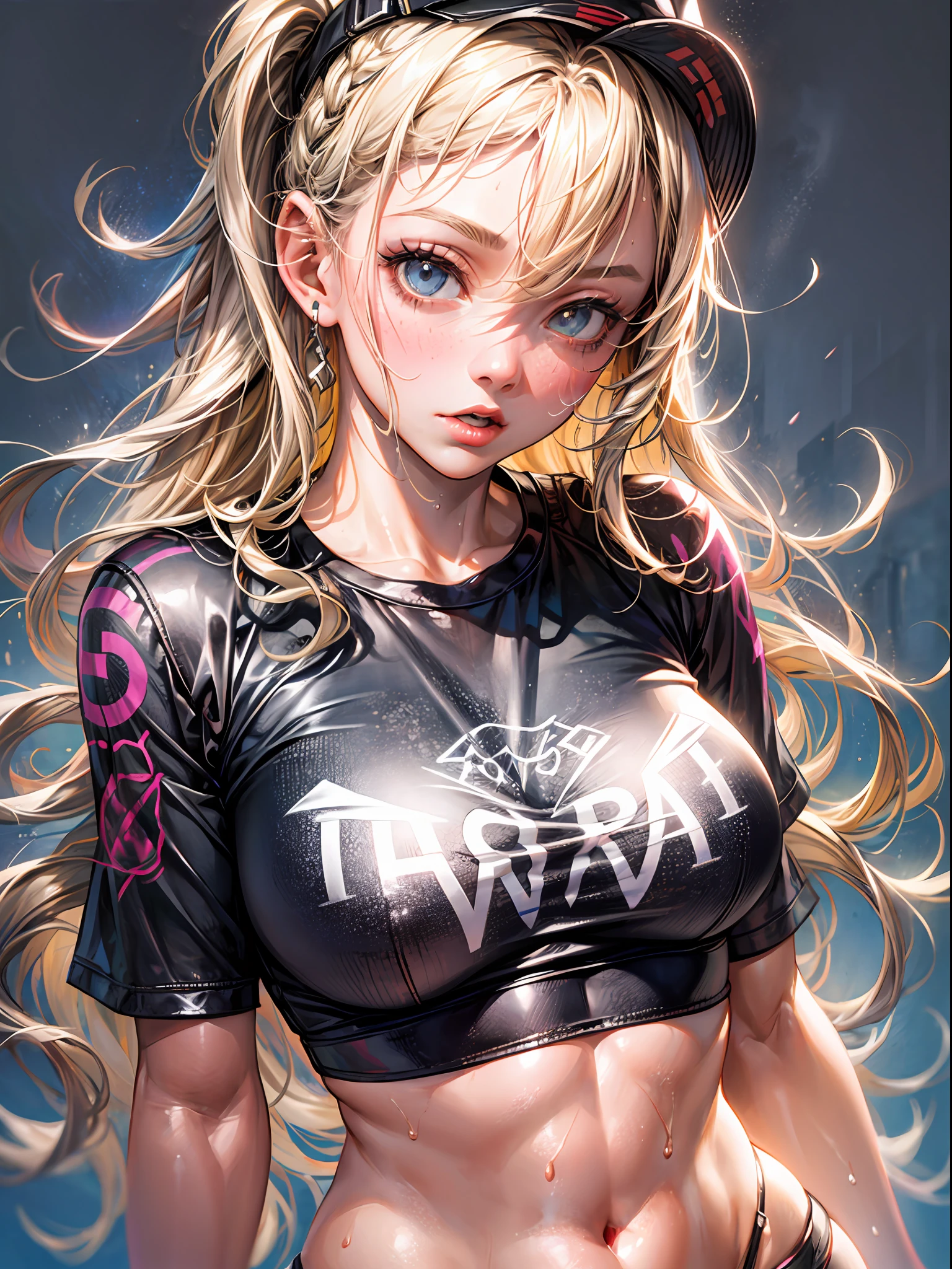 (1girl),large breasts, breasts, tan, dewy skin, sweaty skin, wavy blonde hair, punk tshirt, punk girl