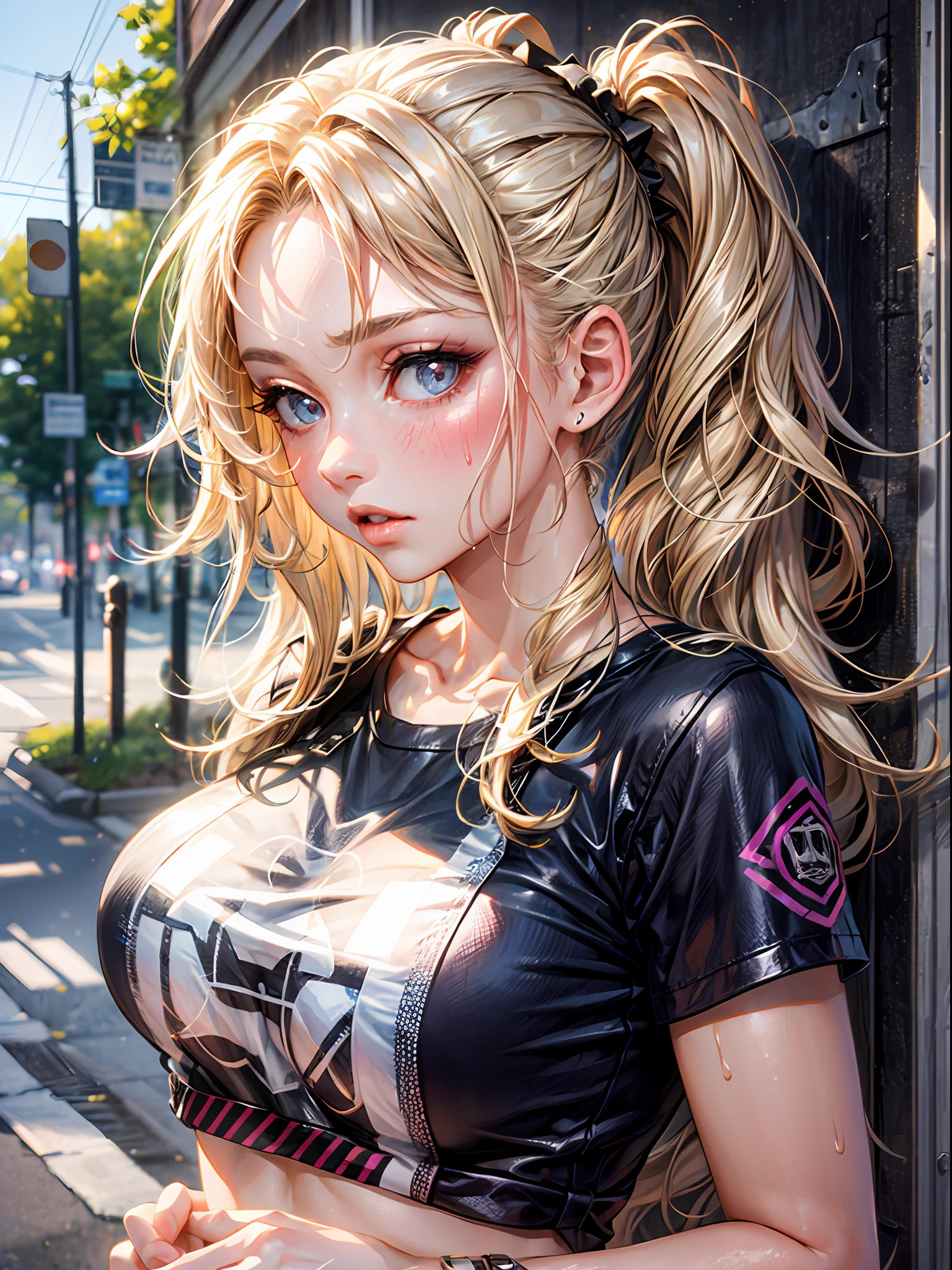 (1girl),large breasts,  breasts, tan, dewy skin, sweaty skin, wavy blonde hair, punk tshirt, punk girl