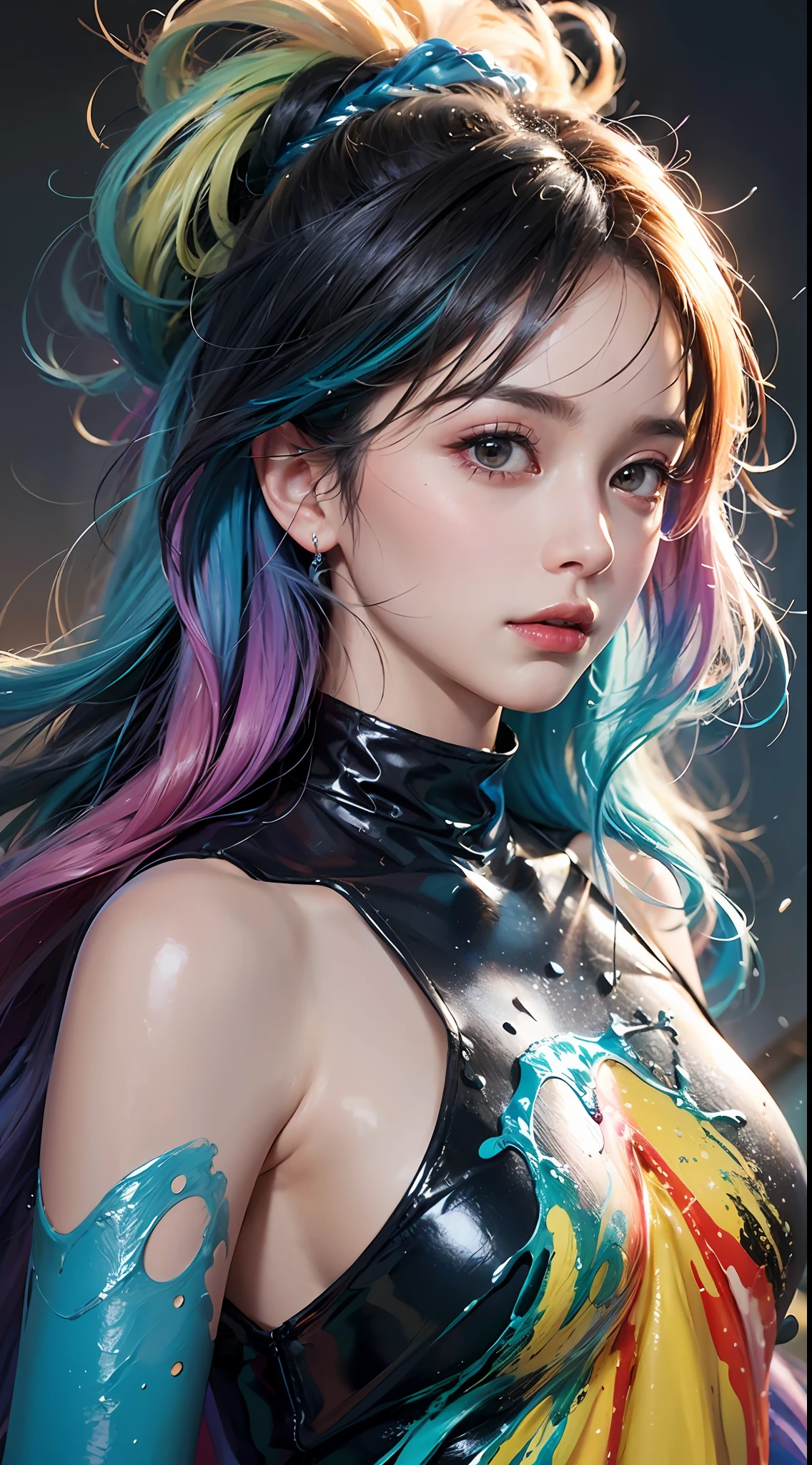 (level difference: 1.8),(Paint colliding and splashing on canvas),(depth of field),Cute creature,elegant, strong between boho and modern. With many colors and no defined (liquid paint rainbow hair:1.1) made of paint and defies gravity, thick flow, (splashes of paint: 1.3), liquid state, beautiful, masterpiece, detailed background, high quality model, ethereal background, abstract beauty, explosive volume, oil painting, heavy brushstrokes, romantic lighting, sub-surface Scattering, lens 135mm, f1.8, brightness, 8k, high resolution, dreamy, ray tracing, hdr, divine rays,