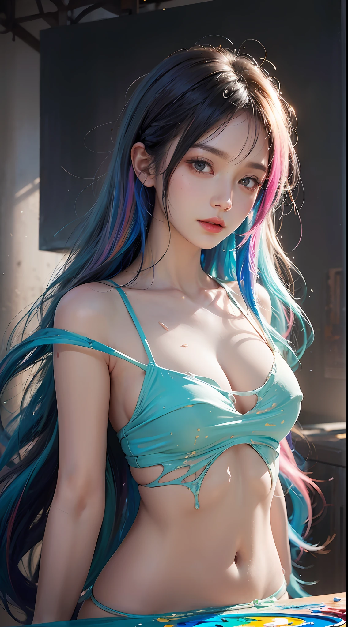 (level difference: 1.8),(Paint colliding and splashing on canvas),(depth of field),Cute creature,elegant, strong between boho and modern. With many colors and no defined (liquid paint rainbow hair:1.1) made of paint and defies gravity, thick flow, (splashes of paint: 1.3), liquid state, beautiful, masterpiece, detailed background, high quality model, ethereal background, abstract beauty, explosive volume, oil painting, heavy brushstrokes, romantic lighting, sub-surface Scattering, lens 135mm, f1.8, brightness, 8k, high resolution, dreamy, ray tracing,  hdr, divine rays,