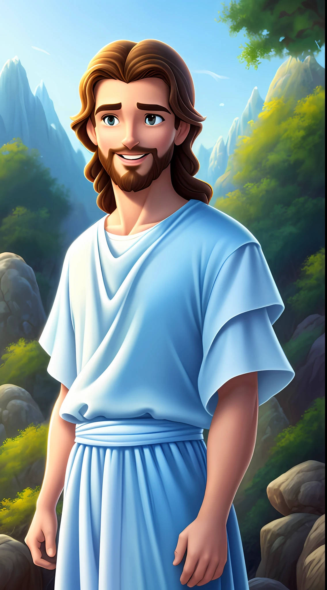 Original art quality, full body picture, Disney character animation style, young and handsome Jesus God, standing posture, hands naturally placed on both sides, looking ahead, gentle expression and smiling, eyes full of light, background light blue, translucent, with light as the theme, the focus of light is on the characters, the overall picture is fresh and bright.