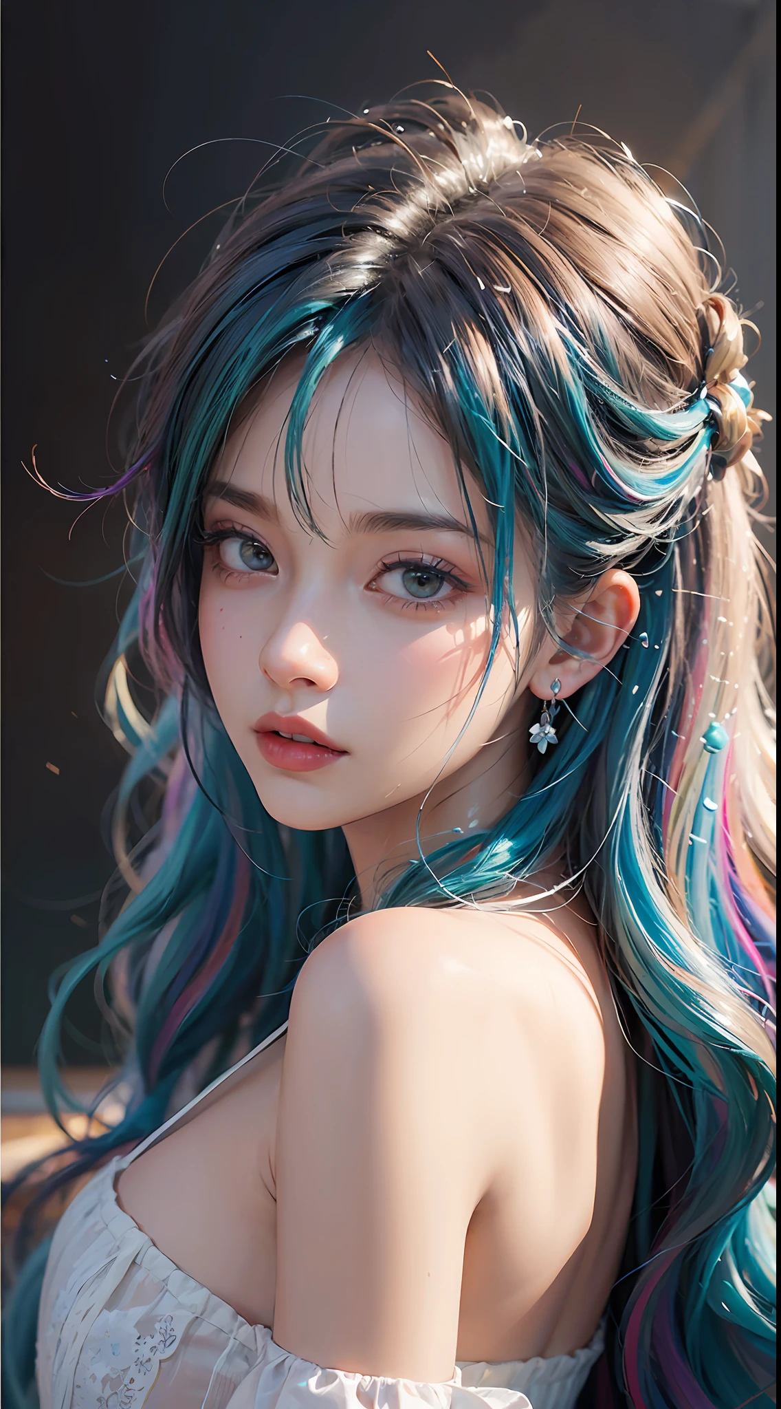 (level difference: 1.8),(Paint colliding and splashing on canvas),(depth of field),Cute creature,elegant, strong between boho and modern. With many colors and no defined (liquid paint rainbow hair:1.1) made of paint and defies gravity, thick flow, (splashes of paint: 1.3), liquid state, beautiful, masterpiece, detailed background, high quality model, ethereal background, abstract beauty, explosive volume, oil painting, heavy brushstrokes, romantic lighting, sub-surface Scattering, lens 135mm, f1.8, brightness, 8k, high resolution, dreamy, ray tracing, hdr, divine rays,