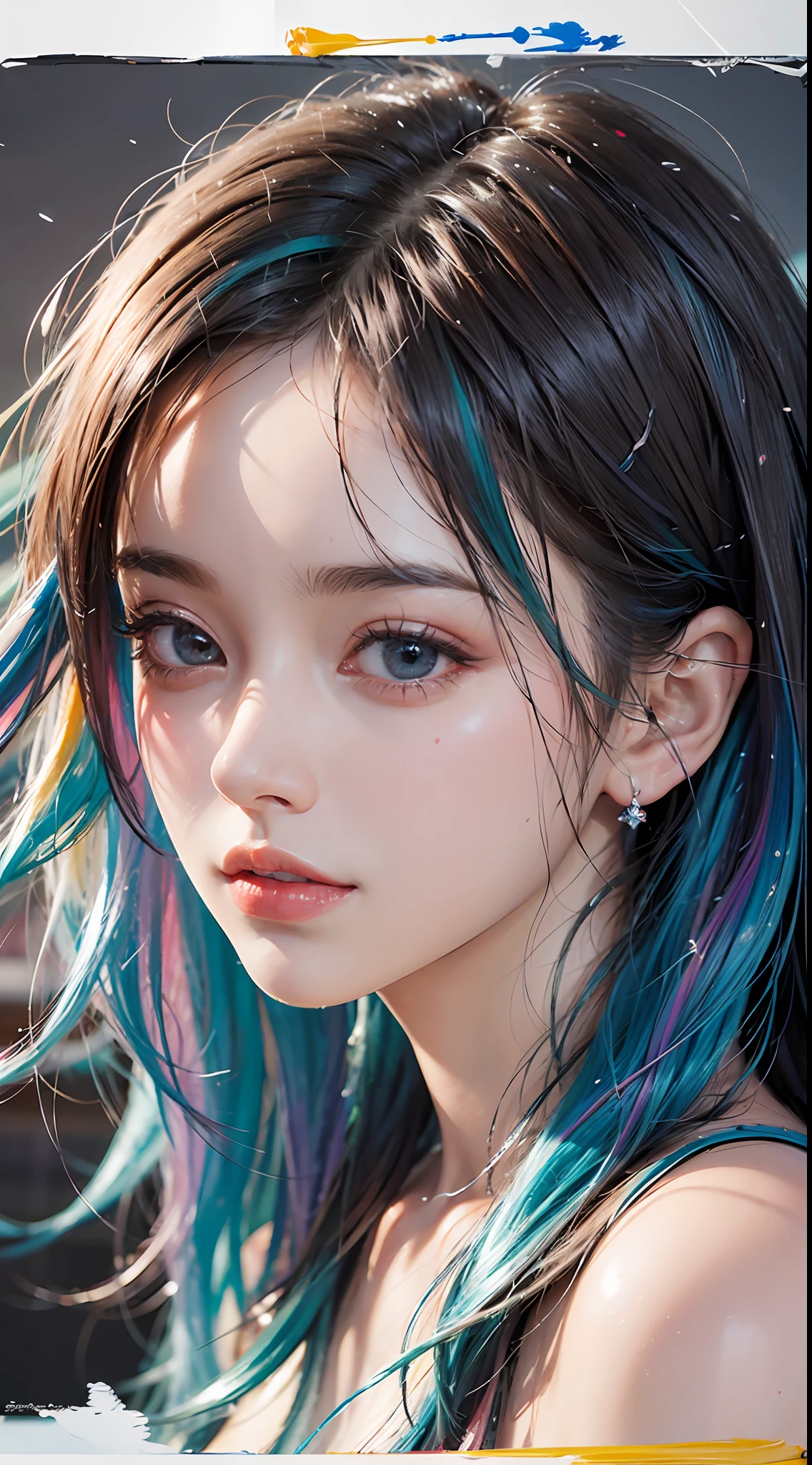 (level difference: 1.8),(Paint colliding and splashing on canvas),(depth of field),Cute creature,elegant, strong between boho and modern. With many colors and no defined (liquid paint rainbow hair:1.1) made of paint and defies gravity, thick flow, (splashes of paint: 1.3), liquid state, beautiful, masterpiece, detailed background, high quality model, ethereal background, abstract beauty, explosive volume, oil painting, heavy brushstrokes, romantic lighting, sub-surface Scattering, lens 135mm, f1.8, brightness, 8k, high resolution, dreamy, ray tracing, hdr, divine rays,