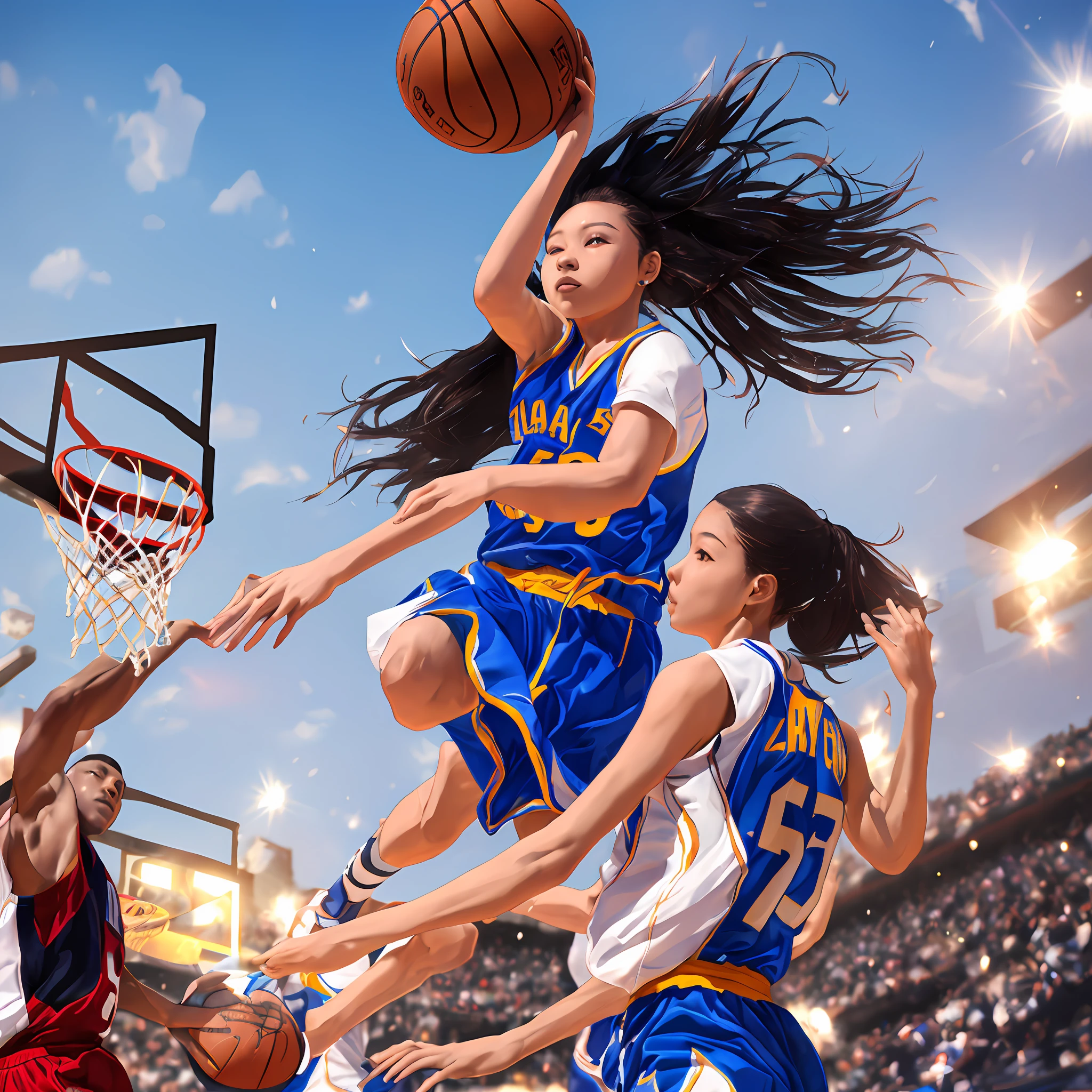 (8k, best quality, masterpiece:1.2), (realistic, photo-realistic:1.37), ultra-detailed,best quality, ultra high res, professional lighting, photon mapping, radiosity, physically-based rendering, cinematic lighting,
basketball court,depth of field, sharp focus,sunbeam, good composition,(bokeh:1.2)
1girl,solo,(full body), (closed mouth),beautiful detailed eyes, pose, narrow waist,basketball uniform,
black hair,messy hair,long hair floating in wind,(ulzzang-6500:1.2) --auto