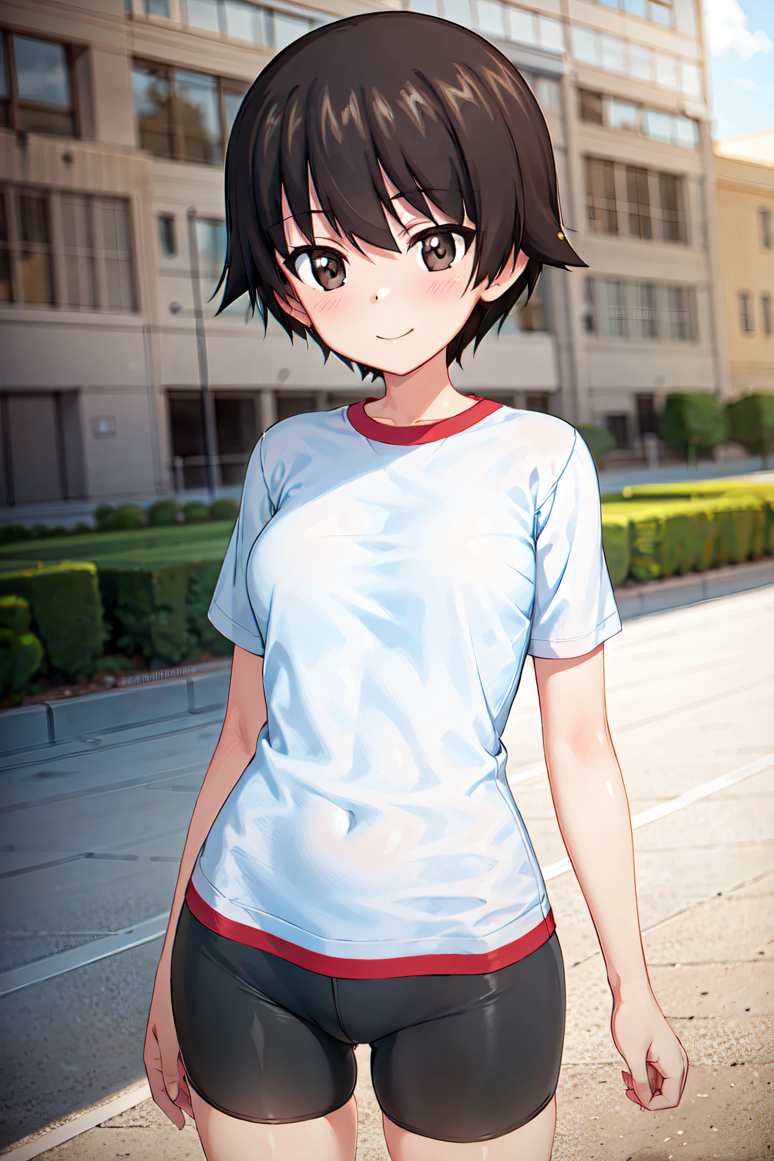 masterpiece, best quality, 1girl, solo, girls und panzer, isobe noriko, white shirt, bike shorts, sports arena