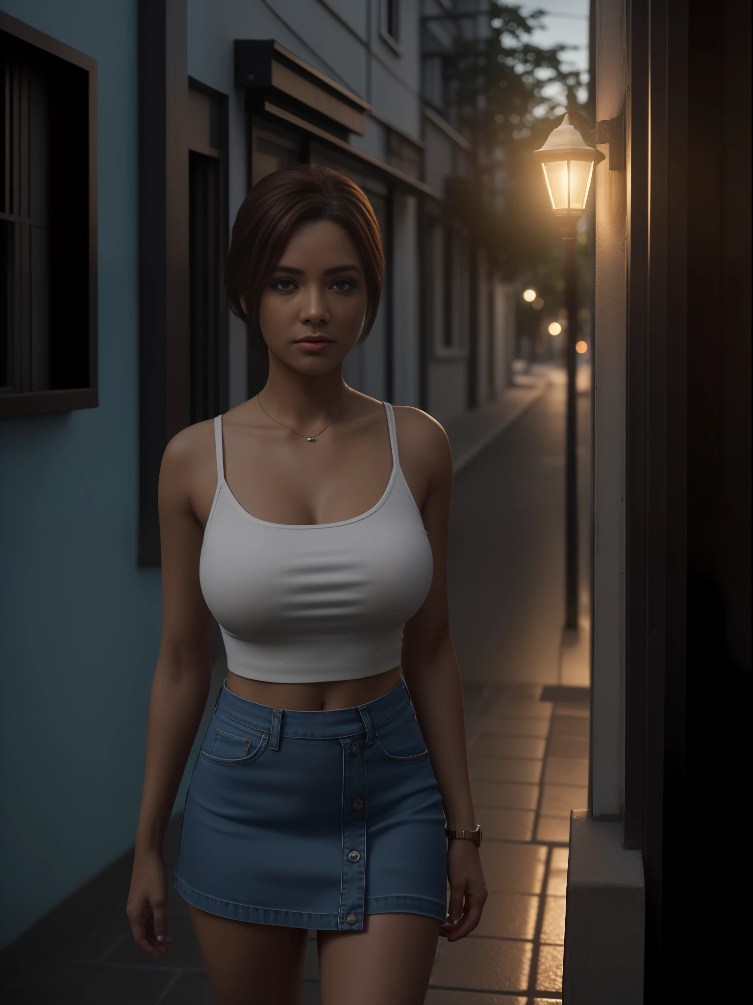 It's dark night, (Rosto realista, pele humana), (cabelos azuis e vermelhos, curtos), (Boca deliciosa, Eyelashes and eyes realistic 8k), A 30-Year-Old Woman Stands at the Window Looking at the Street in the Dark, (rugas da idade), It's Night and After the Rain, rua molhada. The lonely street lamp provides little light. The woman is dressed only in a white top and a short blue denim skirt, ((Under the skirt round buttocks are visible,), (Sob o top transparente os seios redondos, mamilos se destacam), O cabelo molhado gruda em seu rosto, (obra-prima:1.2) (fotorrealista: 1.2) (melhor qualidade) (detalhes intrincados) (8k) (Postes altos) (ray tracing), (sharp-focus), (texturas naturais da pele)