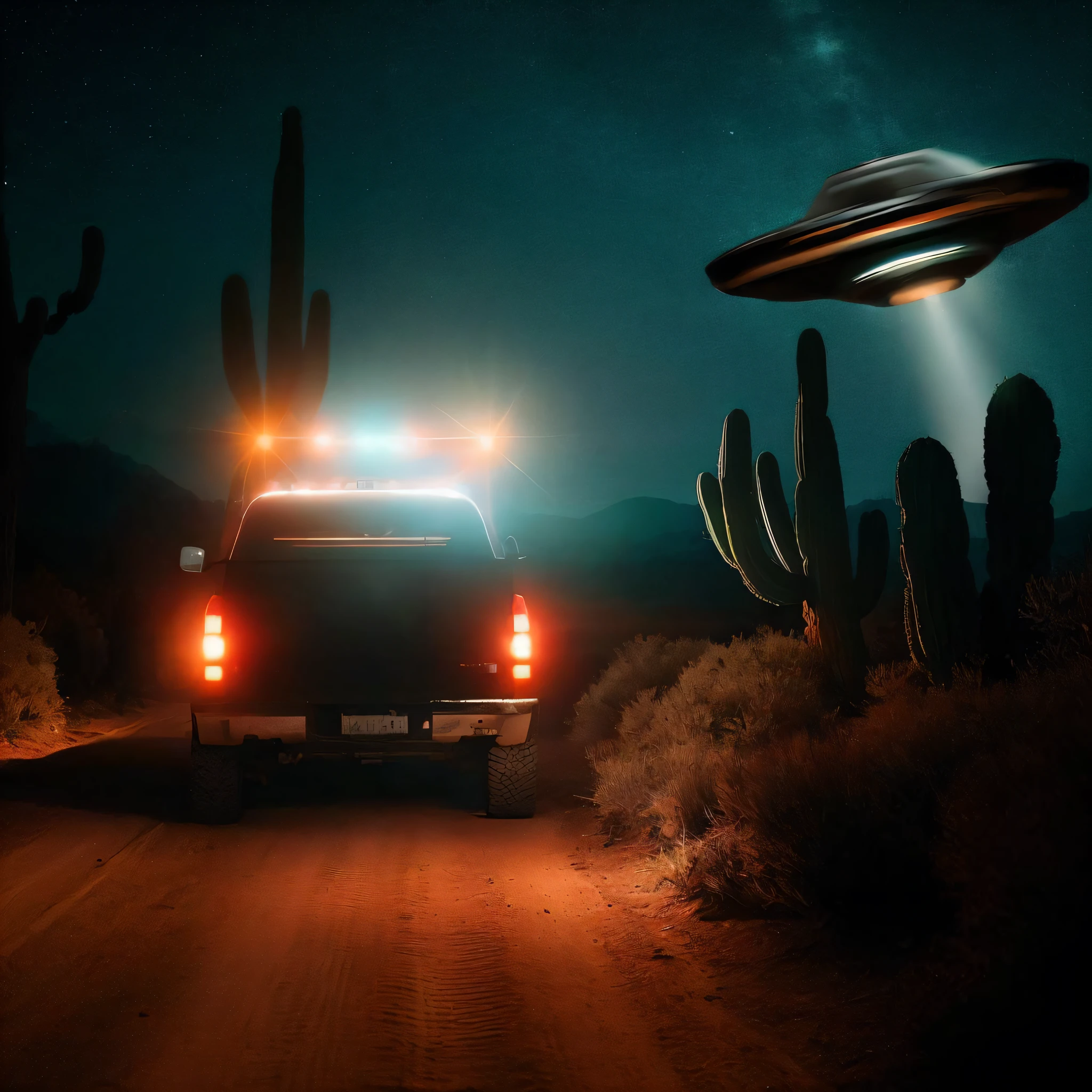 picape a noite em estrada deserta, disco voador aparece, 8k, ultra detalhado, alta qualidade de imagem