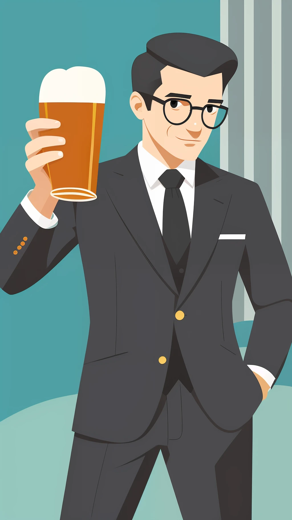 minimum Illustration of rétro suit man with Wellington glasses holding beer drawn in a flat design