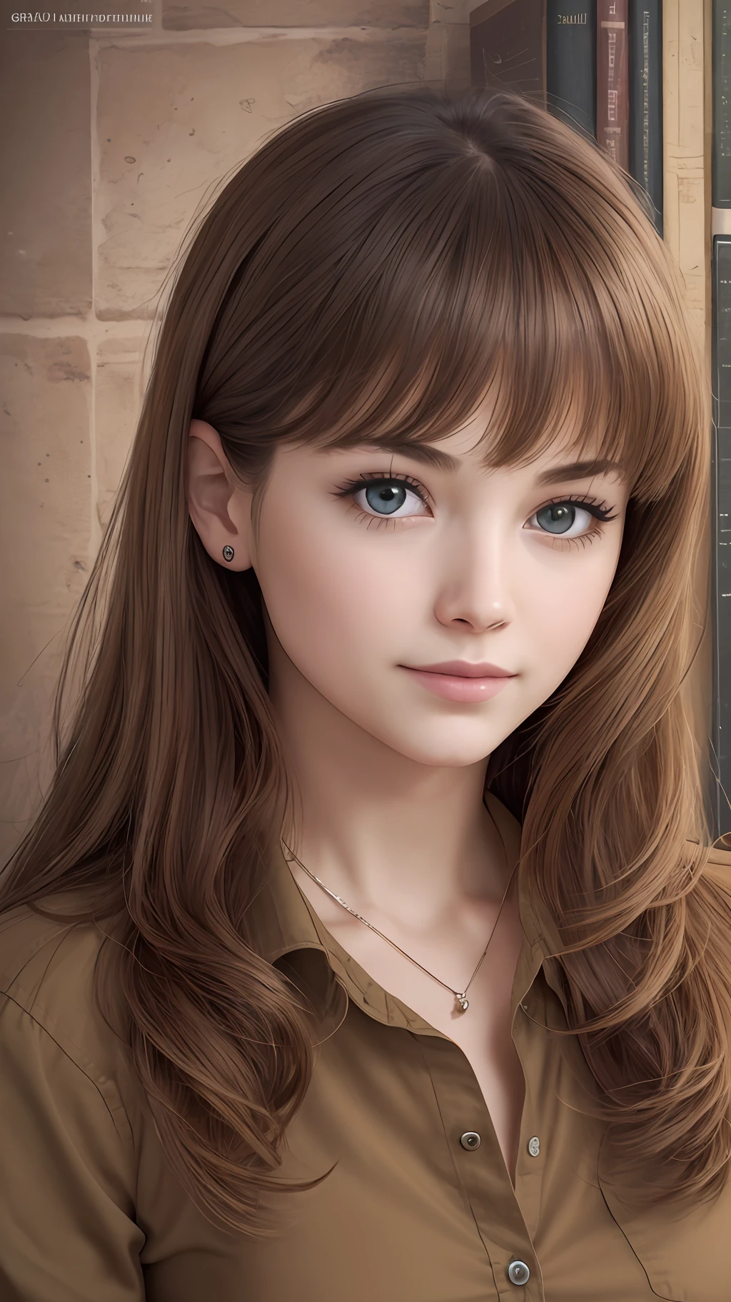 a girl in reading room, face 300x300 pixel, lips are small and closed, normal facial expressions, look straight, as a storyteller, brown shirt, cheerful, 8K --auto