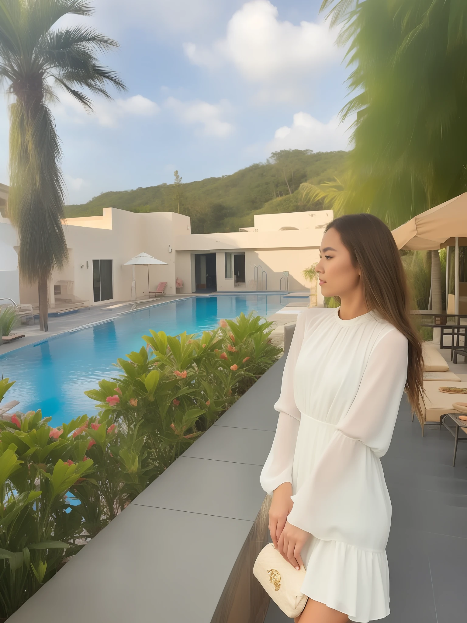 woman in white dress standing by a pool with a palm tree, next to a pool, next to a tropical pool, 🤬 🤮 💕 🎀, in a luxurious pool, paradise in the background, krystal, Resort, taken with canon 8 0 d, xintong chen, On a sunny day, pool-side, 4 k post, taken with sony alpha 9