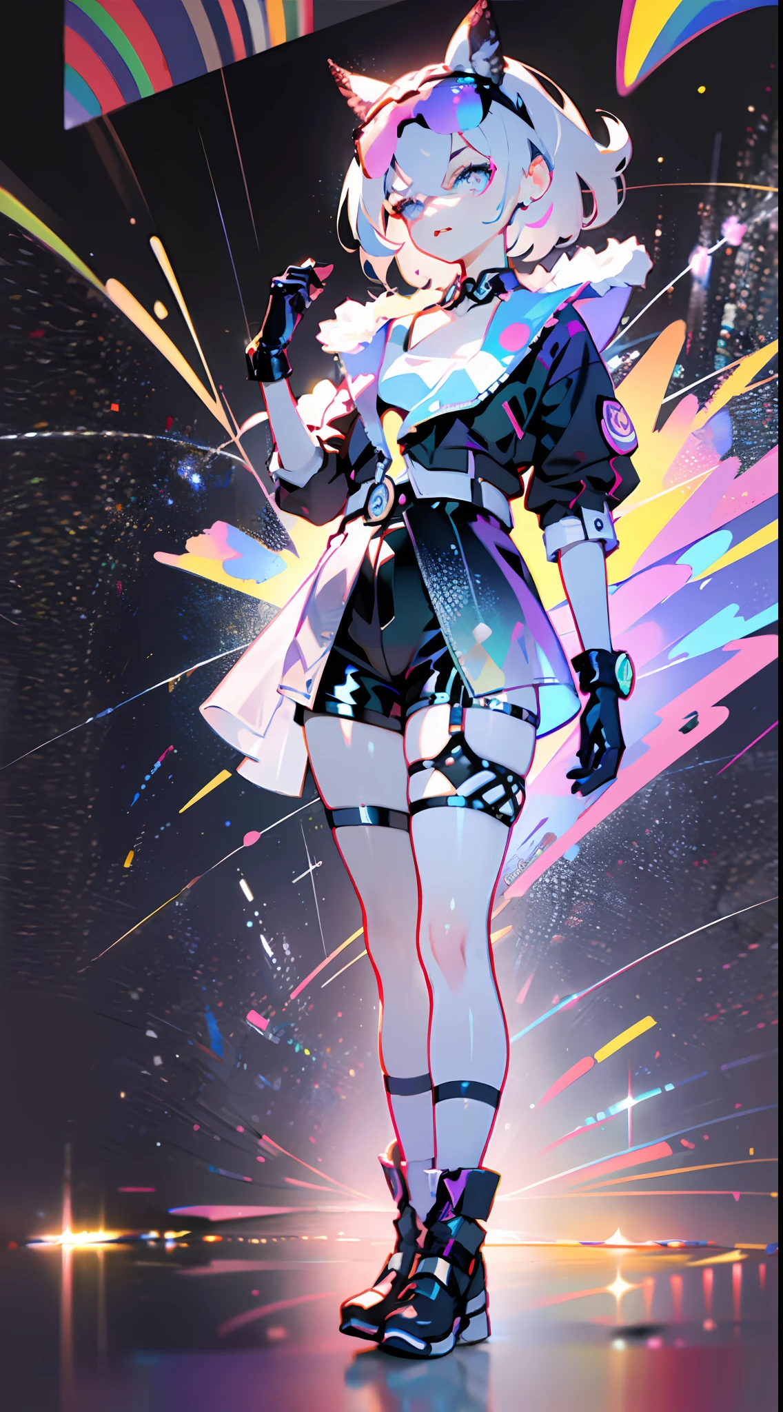 full body, 1girl, li, solo, Eye focus,Masterfully crafted Glow, pink lens flare, Cinematic background,colourful, hyper details, hdr, ultra detailed eyes, mature, plump, rainbow painting drops,(supermodel:1.3), made up from paint, entirely paint, splat, splash, indoors, (bioluminescent hair:1.1),(glowing eyes), ((makeup)), fierce, powerful, splashes of colour absolutely eye-catching, dynamic angle, beautiful detailed glow, ambient occlusion, ambient light, raytraced reflections, retro style, living arcade characters, arcade style world, gloves, jacket,weapon, shorts, black gloves, black jacket, gun, drill hair, black shorts, eyewear on head, bubble blowing, chewing gum, (Cute face:1.3),