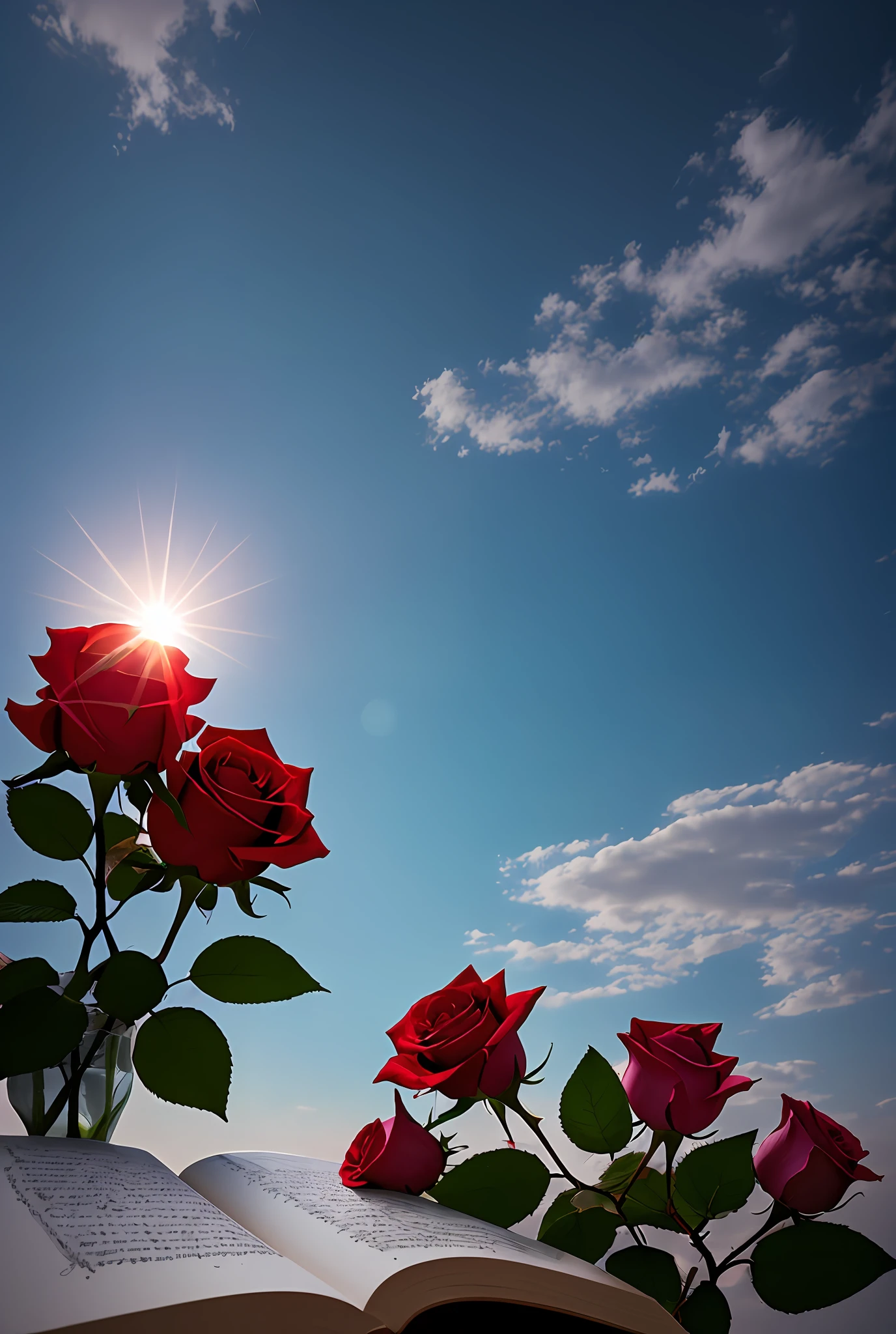 (8K, OriginalPhoto, Photorealistic:1.25), (dreamy and romantic compositions:1.5), there is a rose that is sitting on top of a book, (Complete book), story telling aesthetic,and the sun is shining, reading the book about love, storybook wide shot :: HD, background is heavenly, wallpaper aesthetic, books and flowers, aesthetic clouds in the sky, melanchonic rose soft light, low-angle shot, Beautiful angle, storybook realism, romantic storybook fantasy, rosses
