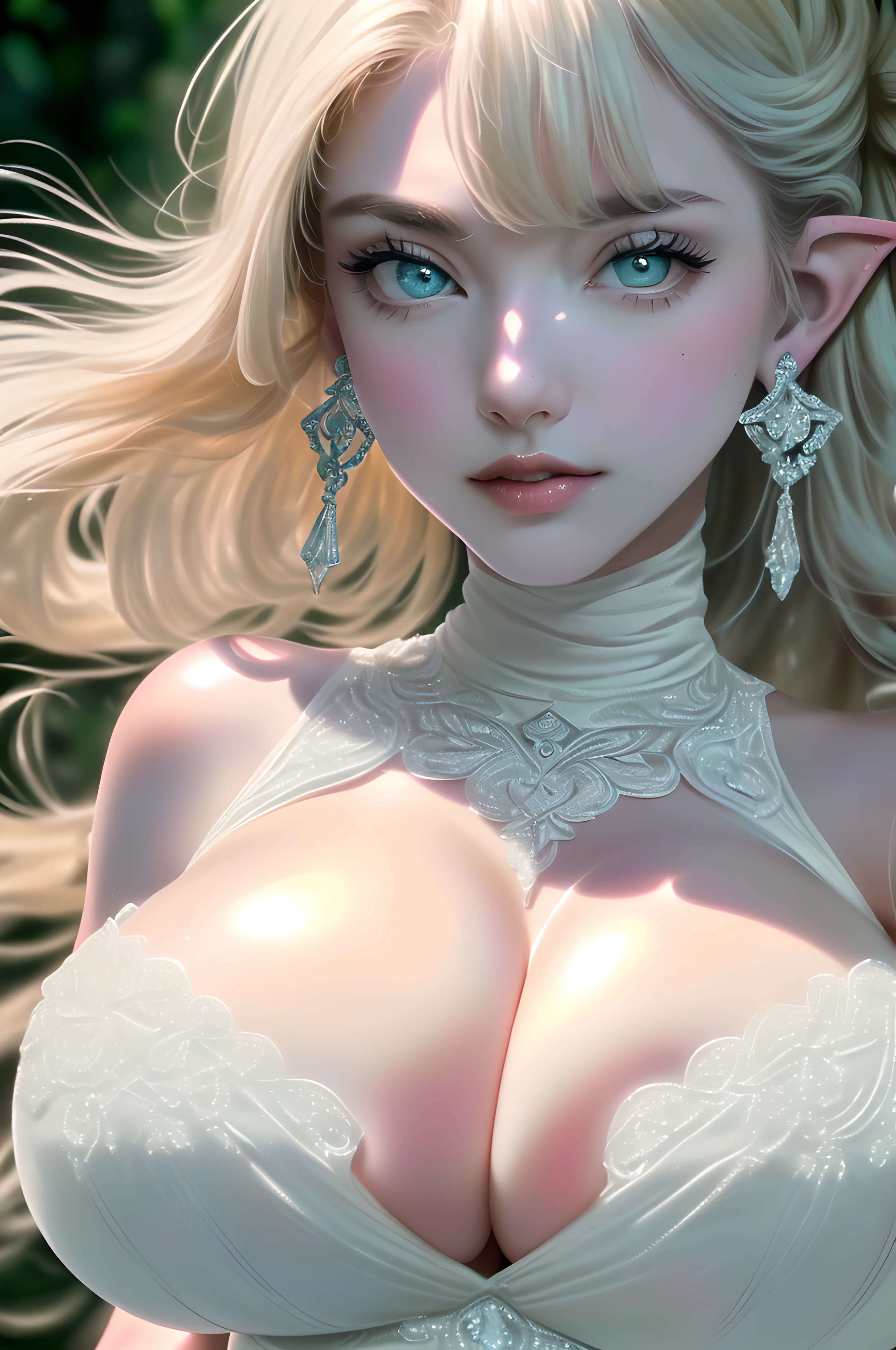 (Ultra Quality,Unparalleled Masterpiece:1.4)Ultra-Detailed CG,4K(Ultra-Detailed Clear Absurdly-Vivid Mint Big Eyes:1.2)Gorgeous Round Detailed Face(Voluptuous:1.4)Elf(Gigantic Breasts:1.8)(Voluminous Long Blonde Hair: 1.4)ADULT(Bangs, Sidelocks:1.2)Seductive(intricately detailed white dress:1.3)(Zelda)(Celestine Lucullus: 1.2)(Solo:1.4)(1Girl: 0.5)(Facing Viewer:1.2)(arms behind back:1.4)(Cowboy Shot:1.2)(from above:1.1),Skindentation(Curvaceous:1.4)(Curvy:1.4)(Bimbo: 1.4)(Normal Waist: 1.2)(Thick Lips: 1.3)small-nose(light smile: 1.2)Rocks,Trees, Plants,Bush,(long Pointy Ears:1.3)((gigantomastia))((macromastia))(((ridiculously large breasts)))(((((enormous breast)))))(absurdly huge breasts:1.5),