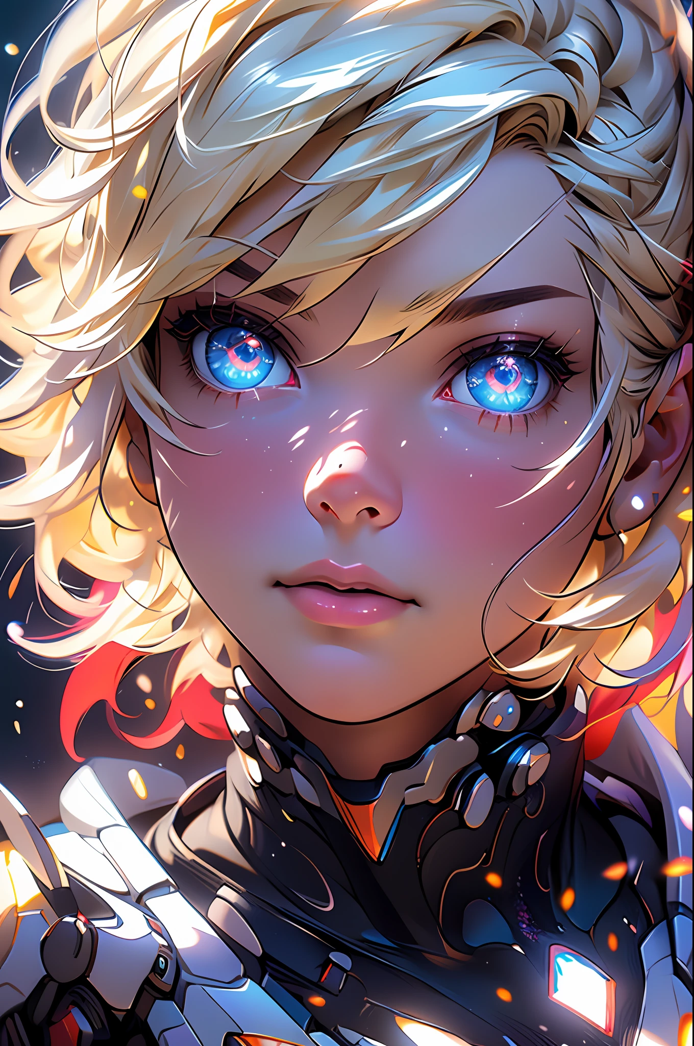 Highly detailed RAW color photo, beautiful young woman, short blonde hair, dynamic pose, (wide hips), (detailed skin), (detailed lips), (detailed eyes), (cosmic: 1.4), (necropolis: 1.1), (science fiction setting) (detailed face), (curvy), red clothing, detailed eyes, chromatic aberration, depth of field, soft lighting, masterpiece, best quality, intricate, (lens reflection: 0.7), (flowering: 0.7), particle effects, ray tracing,  tone mapping, highly detailed, concept art, smooth, sharp focus, dramatic lighting, highly detailed art, cinematic, hyper-realistic painting, trending on Artstation, 8K, amazing shadows, realistic, (highly detailed background: 1.2), mid-journey art