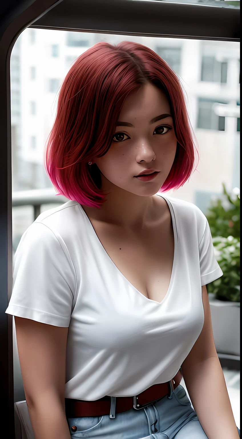 award-winning photo from the waist up, portrait of a girl, redhead, freckles is sitting on a balcony, cyberpunk white shirt with V-neckline, breast visible through white T-shirt, slate atmosphere, cinematic, faded colors, dark shot, no sound colors, grainy film, insane details, intricate details, hyperdetailed, close-up, twilight