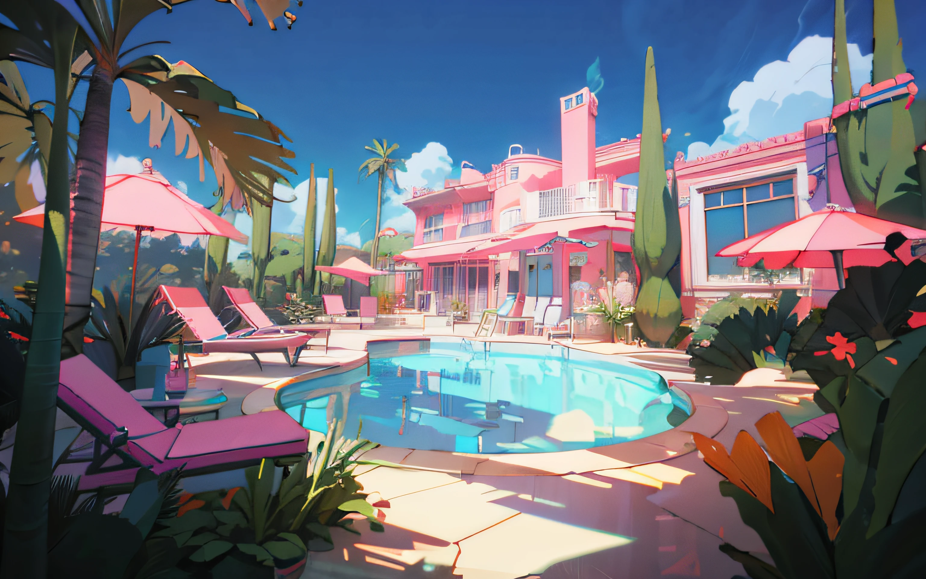 In the middle of the courtyard there is a swimming pool with sun loungers。, vaporwave mansion, jen bartel, Relaxing concept art, Stylized concept art, 3 d render stylized, rossdraws global illumination, art deco outrun anime aesthestic, Resort, ross tran. scenery background, stylized 3d render, author：Seb McKinnon, 3 d stylize scene