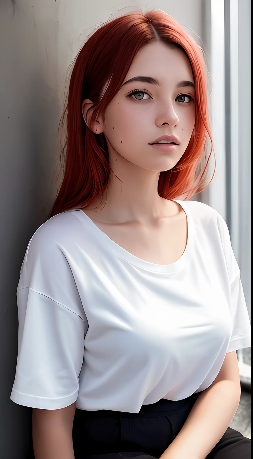 award-winning photo from the waist up, portrait of a girl, redhead, freckles is sitting on a balcony, cyberpunk white shirt with V-neckline, breast visible through white T-shirt, slate atmosphere, cinematic, faded colors, dark shot, no sound colors, grainy film, insane details, intricate details, hyperdetailed, close-up, twilight