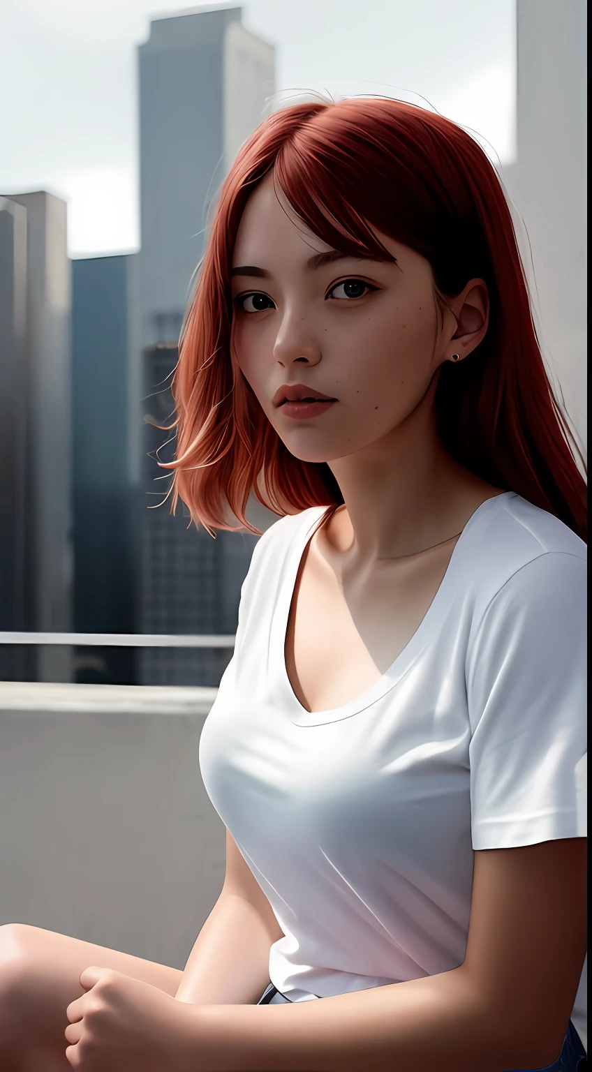award-winning photo from the waist up, portrait of a girl, redhead, freckles is sitting on a balcony, cyberpunk white shirt with V-neckline, breast visible through white T-shirt, slate atmosphere, cinematic, faded colors, dark shot, no sound colors, grainy film, insane details, intricate details, hyperdetailed, close-up, twilight