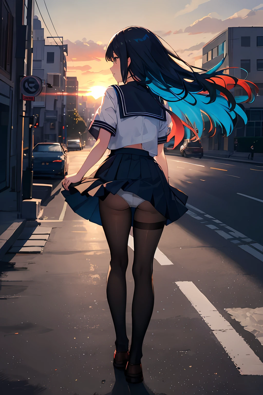 (masterpiece, best quality), 1girl, , 10yoeteen, school uniform, (white panties), panties over pantyhose, from behind, wind, wind lifting skirt, skirt lift, upskirt, ful body, city street, walk, long hair, vibrant colors, volumetric lighting, sunset, deep shadows, best lighting, best shadows