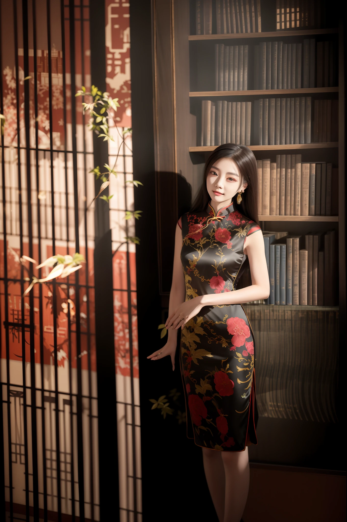 there is a woman in a dress standing in front of a bookcase, on cheongsam, Chinese dress, with acient chinese clothes, Chinese style, Chinese woman, Traditional Chinese clothing, Wearing a red cheongsam, Inspired by Gao Qipei, shaxi, inspired by Zhang Shuqi, wearing ornate silk clothes, Chinese girl, wearing a blue qipao dress