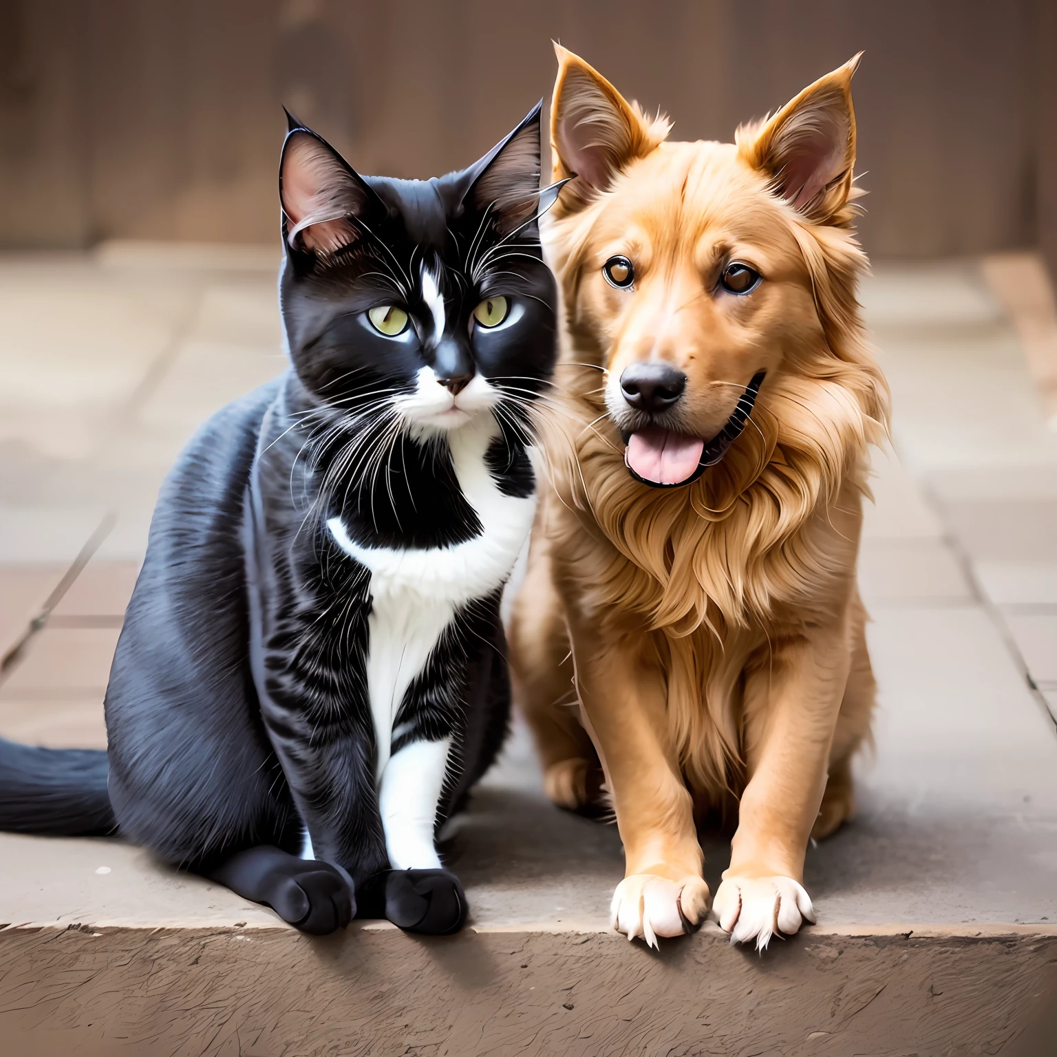 there are two cats and a dog sitting on the steps, cat on top of dog, cat and dog licking each other, pet animal, cat dog hybrid, shutterstock, cat dog teddy mix, Two cats, pets, best friends, author：Nico Henrikan, they are close to each other, close up portrait shot, Pose for Camera, portrait shooting, 2 animals