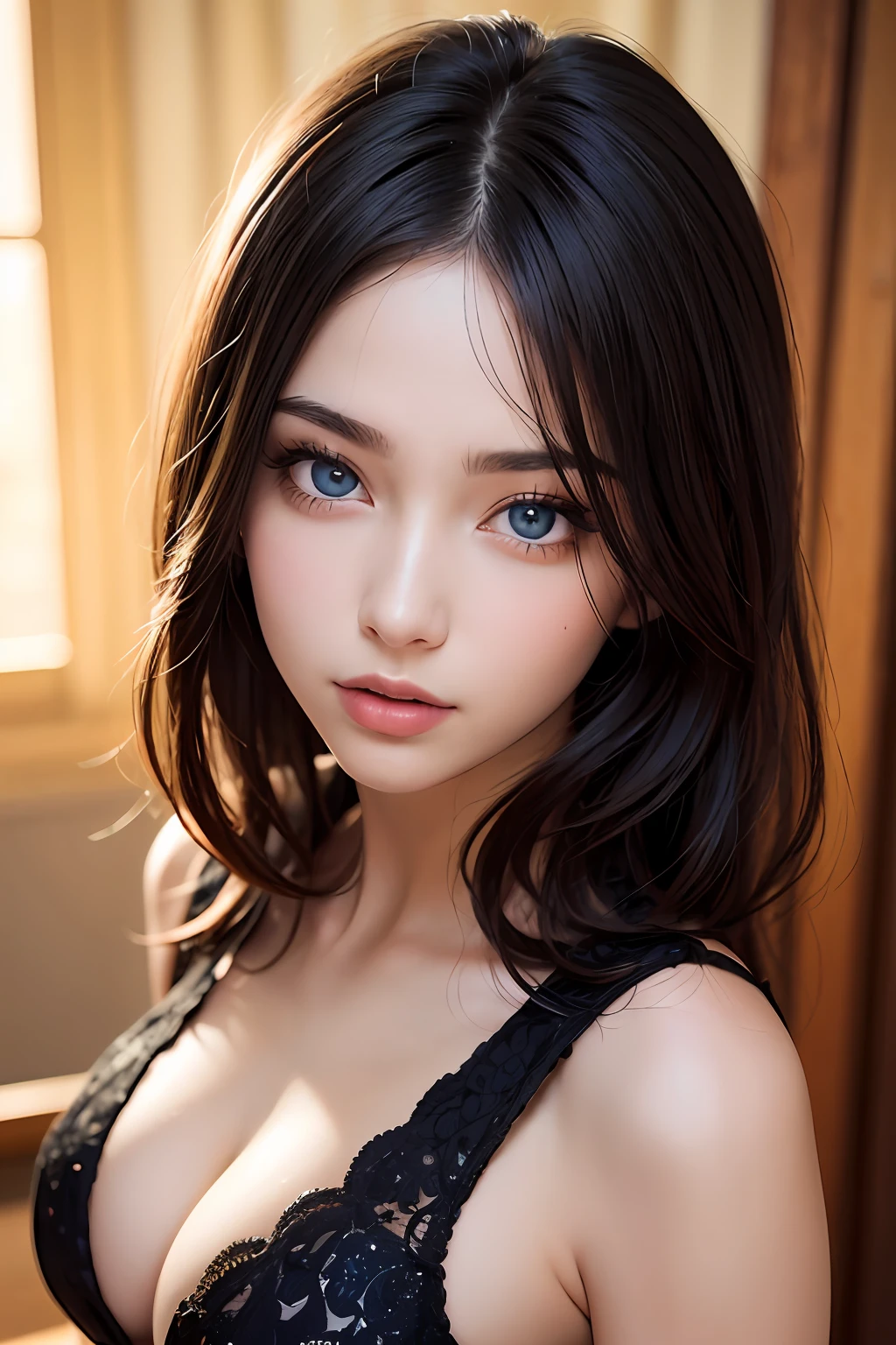 masterpiece, best quality, beautiful young woman, shiny blue eyes, (detailed pupils:1.2), eyelash, beautiful light black hair, streaked hair, multi color, medium hair, perfect face, detailed, showing cleavage