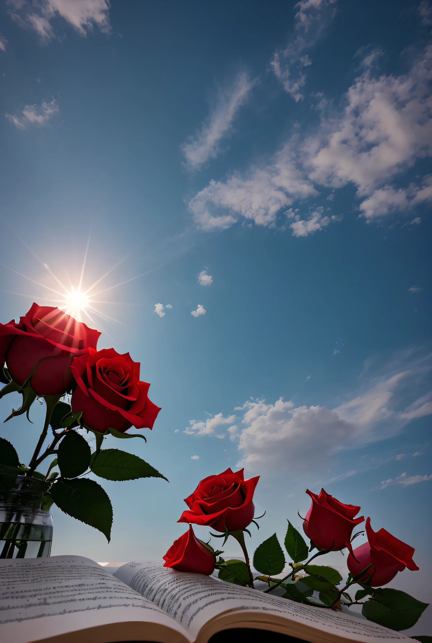 (8K, OriginalPhoto, Photorealistic:1.25), (dreamy and romantic compositions:1.5), there is a rose that is sitting on top of a book, （Complete book）,  story telling aesthetic,and the sun is shining,   reading the book about love, storybook wide shot :: HD, background is heavenly, wallpaper aesthetic, books and flowers, aesthetic clouds in the sky, melanchonic rose soft light, low-angle shot, Beautiful angle, storybook realism, romantic storybook fantasy, rosses