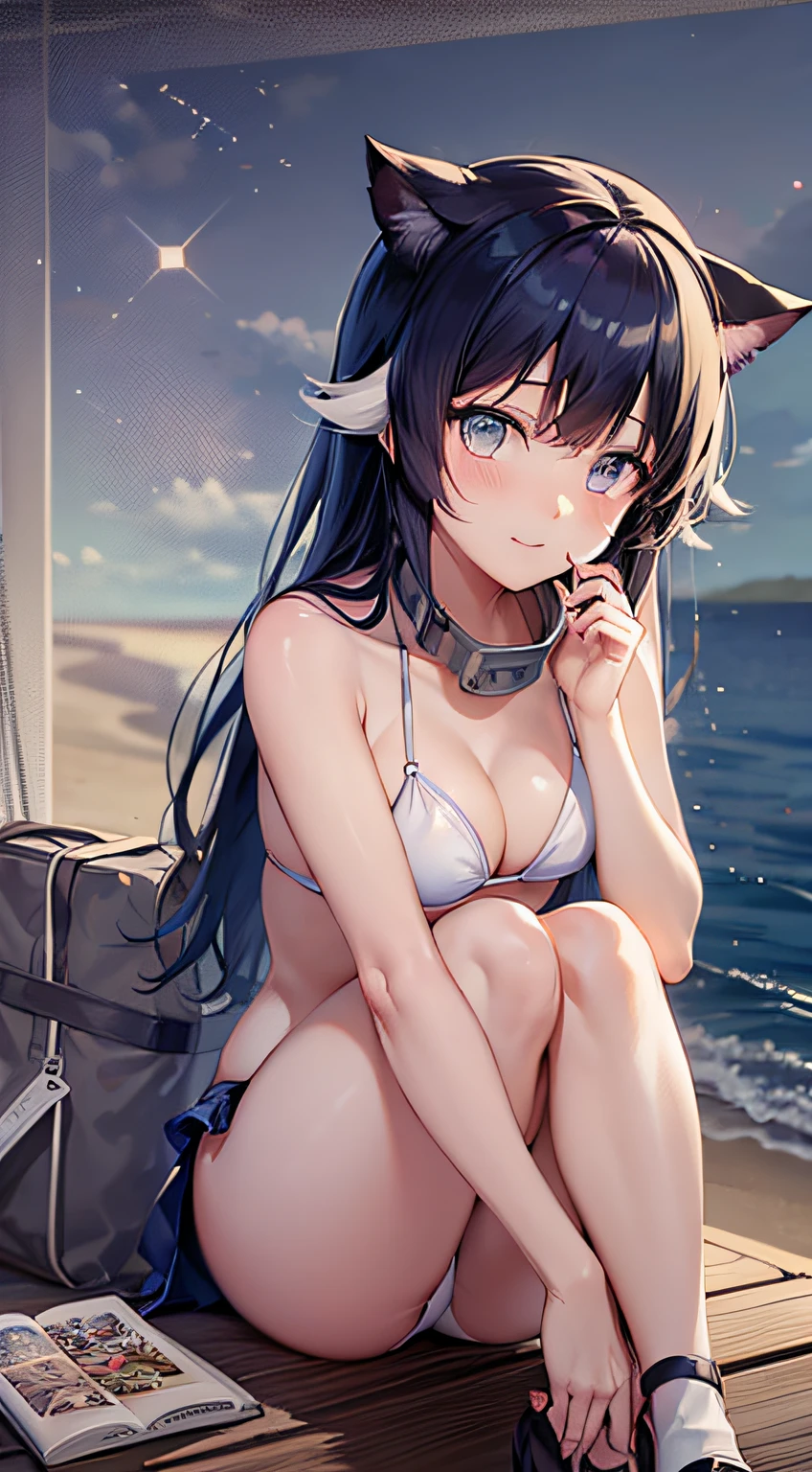 Bikini anime cat-eared girl sitting on the beach wearing hat, beautiful anime cat-eared girl, Makoto Shinkai and artgerm, straw hat, charming anime cat-eared girl, (anime girl), Kantai collection style, white bikini,small,Makoto Shinkai art style, beautiful anime cat-eared woman, marin Kitagawa fan art, high quality anime art style, Cute anime girls, 4K manga wallpapers