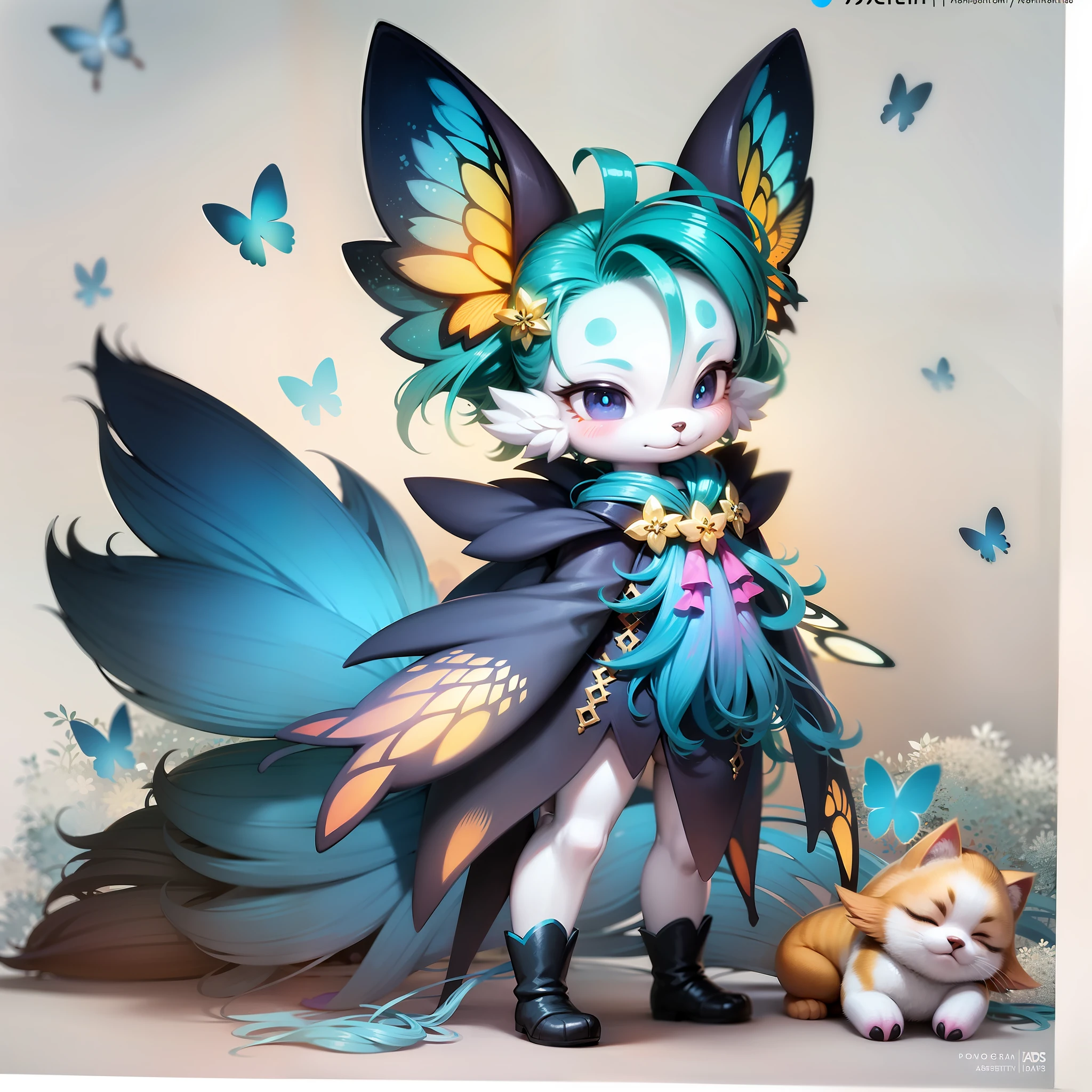 anime - style illustration of a cat with a bow and butterfly wings, ethereal fox, digital green fox, character adoptable, full body adoptable, fullbody commission for, aesthetic cute with flutter, a beautiful fox lady, fursona art, very very beautiful furry art, cute fumo plush fox girl, pixie character, from arknights, Anthropomorphic fox