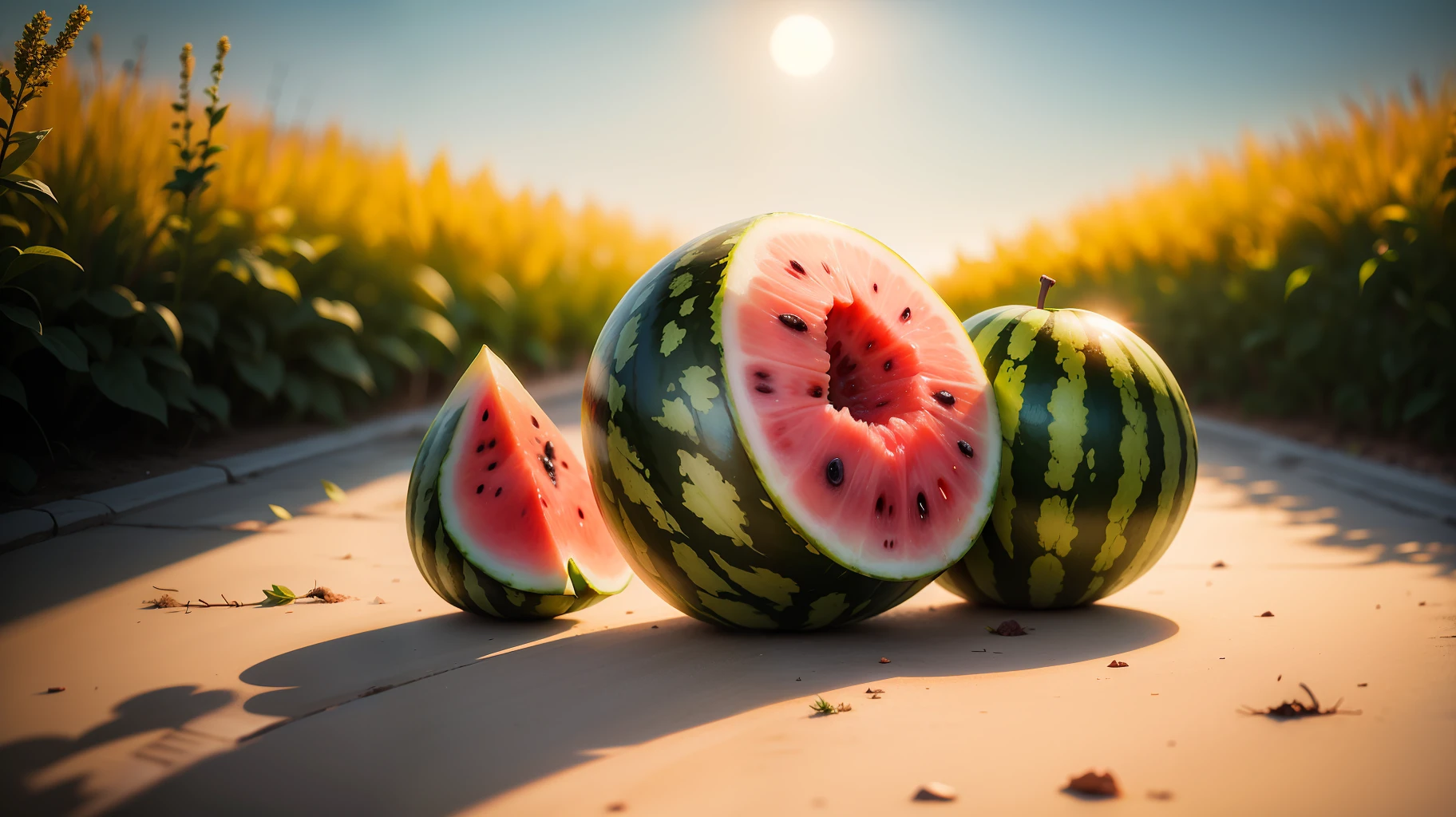 Melancia, watermelon, melancias, frutas, naturais, fruta, linda, natureza, natural, nature, fruit, fotorrealismo, fotorrealista, ultra hd, 4k, texturas detalhadas, sombras detalhadas, cores detalhadas, por do sol,