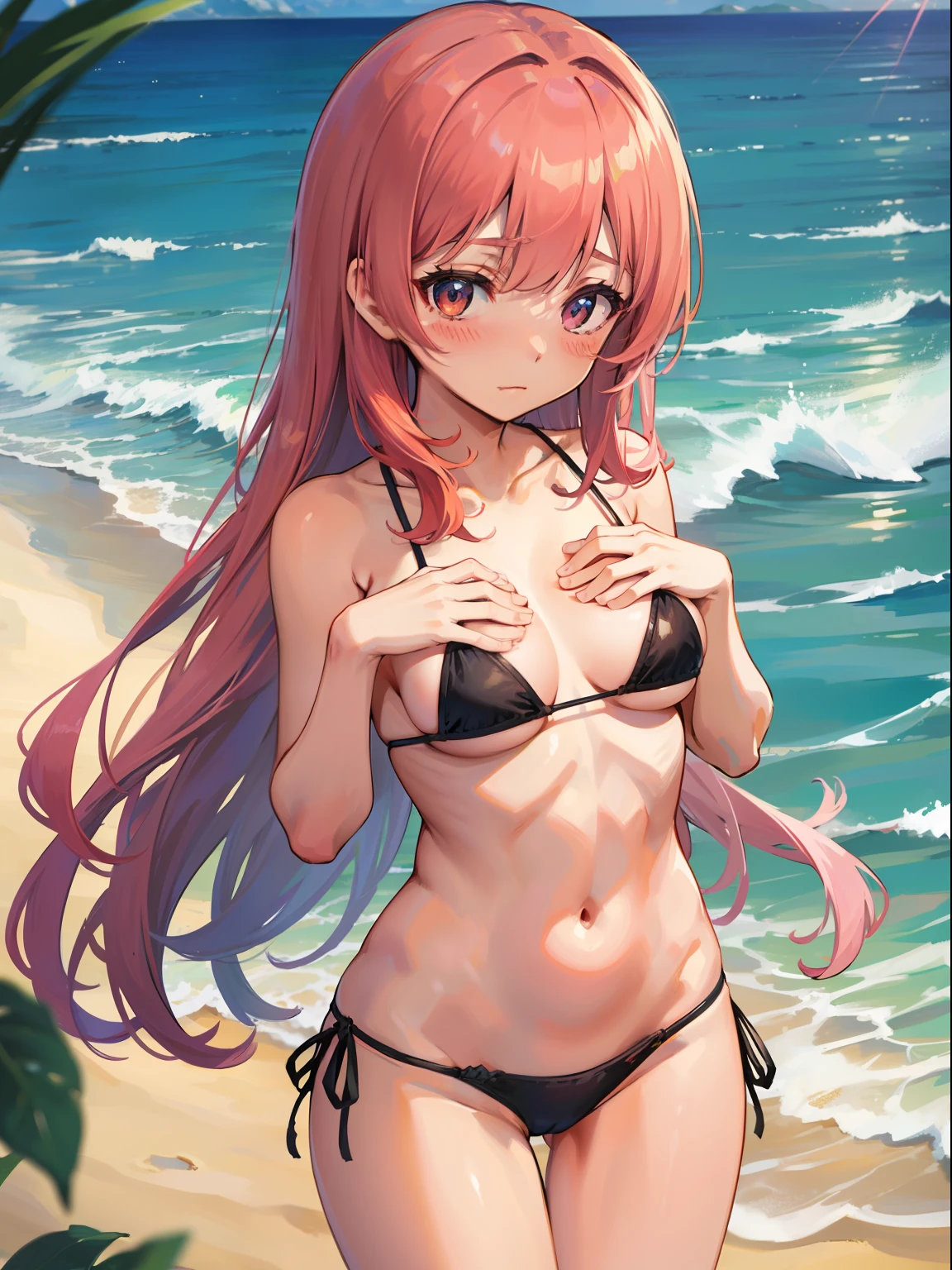 Naked Micro Bikini、Small、bottom less、Hide your with your hands、a cute、Blushed、cleavage of the breast、thights、no brassiere、without panties、high picture quality、Vivid、High detail、sand beach