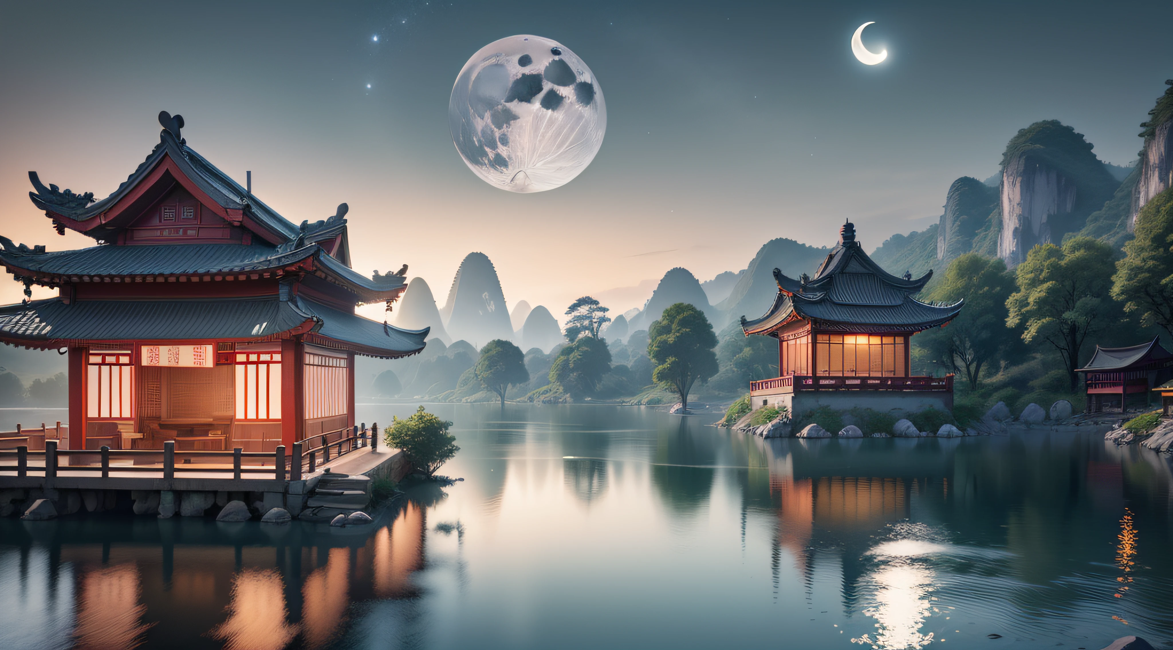 A ultra-realistic CG rendering of Ancient China,A ultra-realistic CG rendering of Guilin landscape, Chine, Dream small house on besides of the river, nights, peach with milky leaves tree, Snow scene， White moonlight, a moon in creating moon, 8K