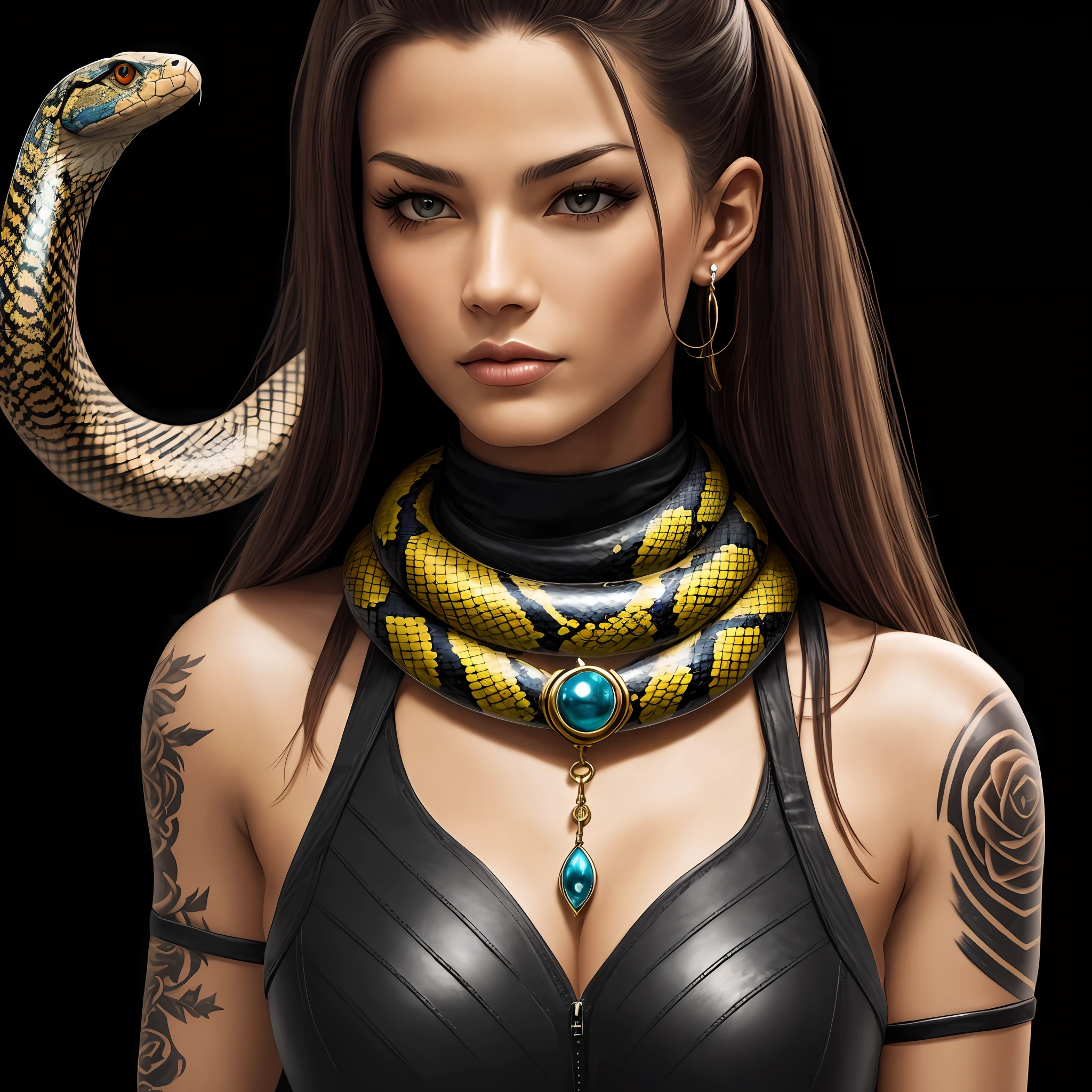 I want a warrior woman with lots of tattoos, with a cobra snake around her neck. Close-up, realistic. black background.