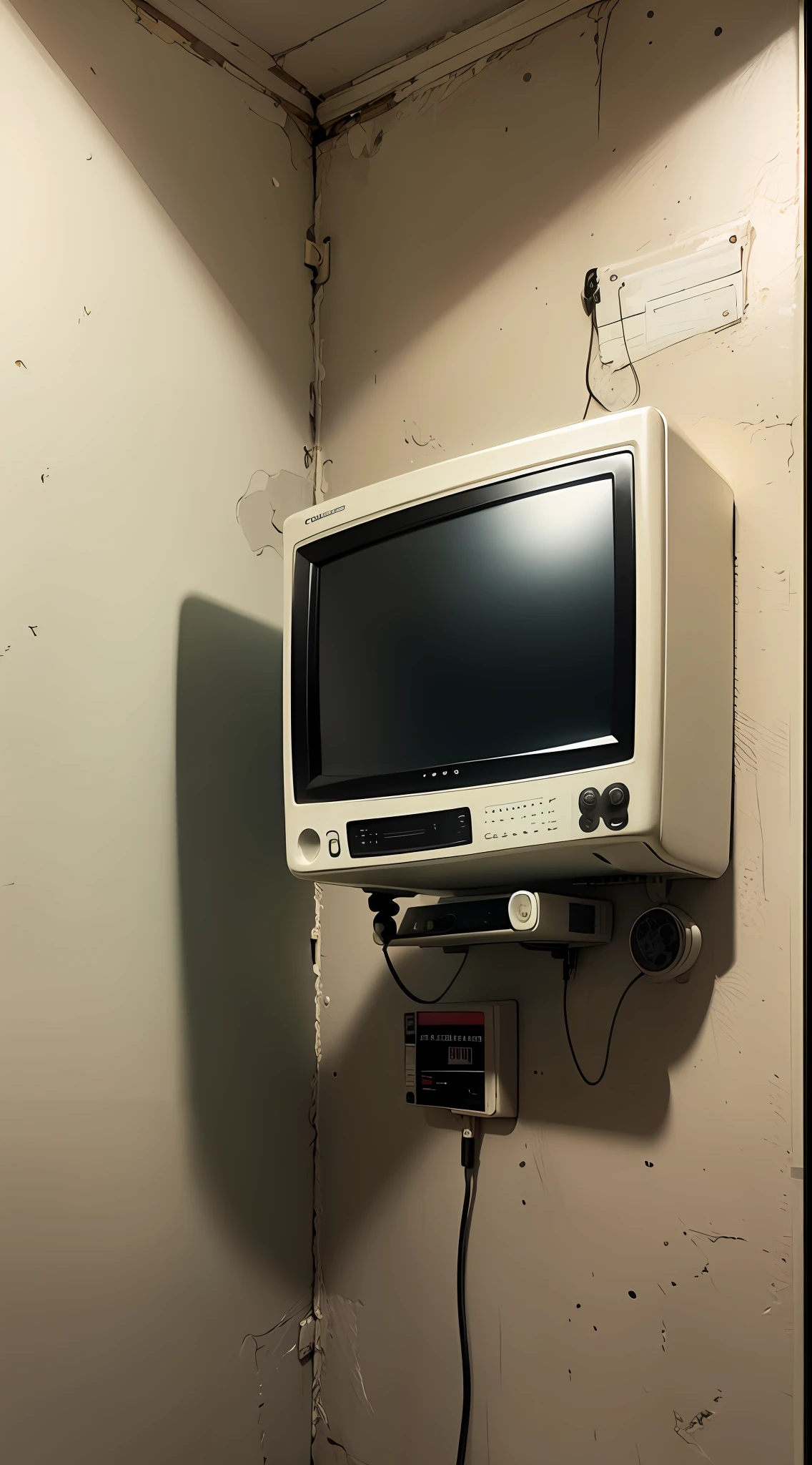 small tv in a prison cell, jail cell, small tv mounted on a wall from 1980s