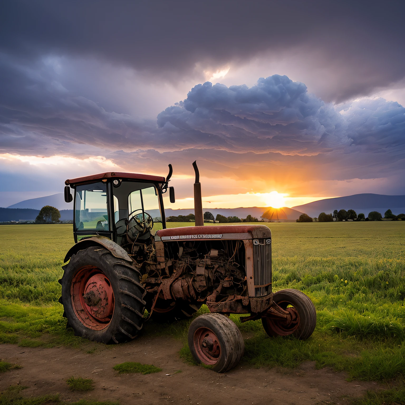 old tractor abandoned in the field, badly damaged and dilapidated, against the backlight of a sunset between mountains that are seen in the distance, with threatening storm clouds, beam of light coming from the headlights, with warm and strong light.