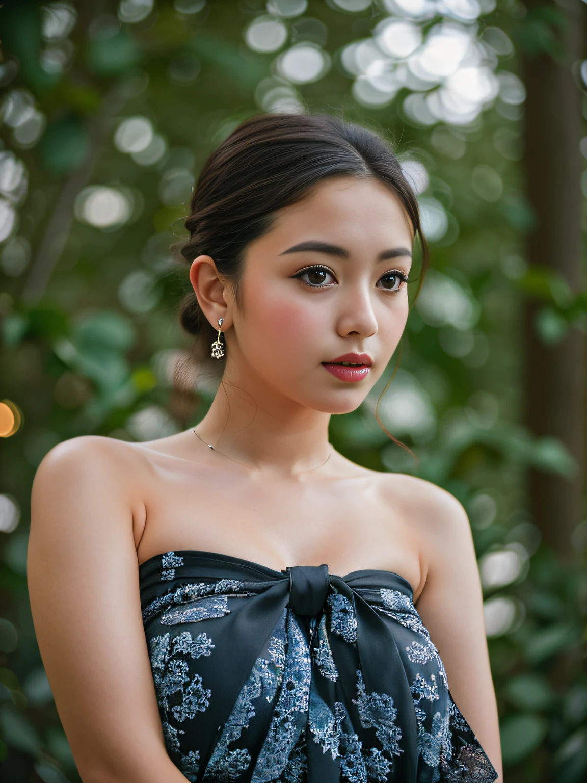 arafed woman in a black dress posing for a picture,  gigantic breasts:1.3, soft portrait shot 8 k, portrait shot, 60mm portrait, 7 0 mm portrait, portrait shot 8 k, shot on canon eos r 5, shot on canon eos r5, portrait soft low light, ( gigantic breasts:1.3), mid shot portrait, young beautiful woman, bokeh in the background only, medium portrait soft light