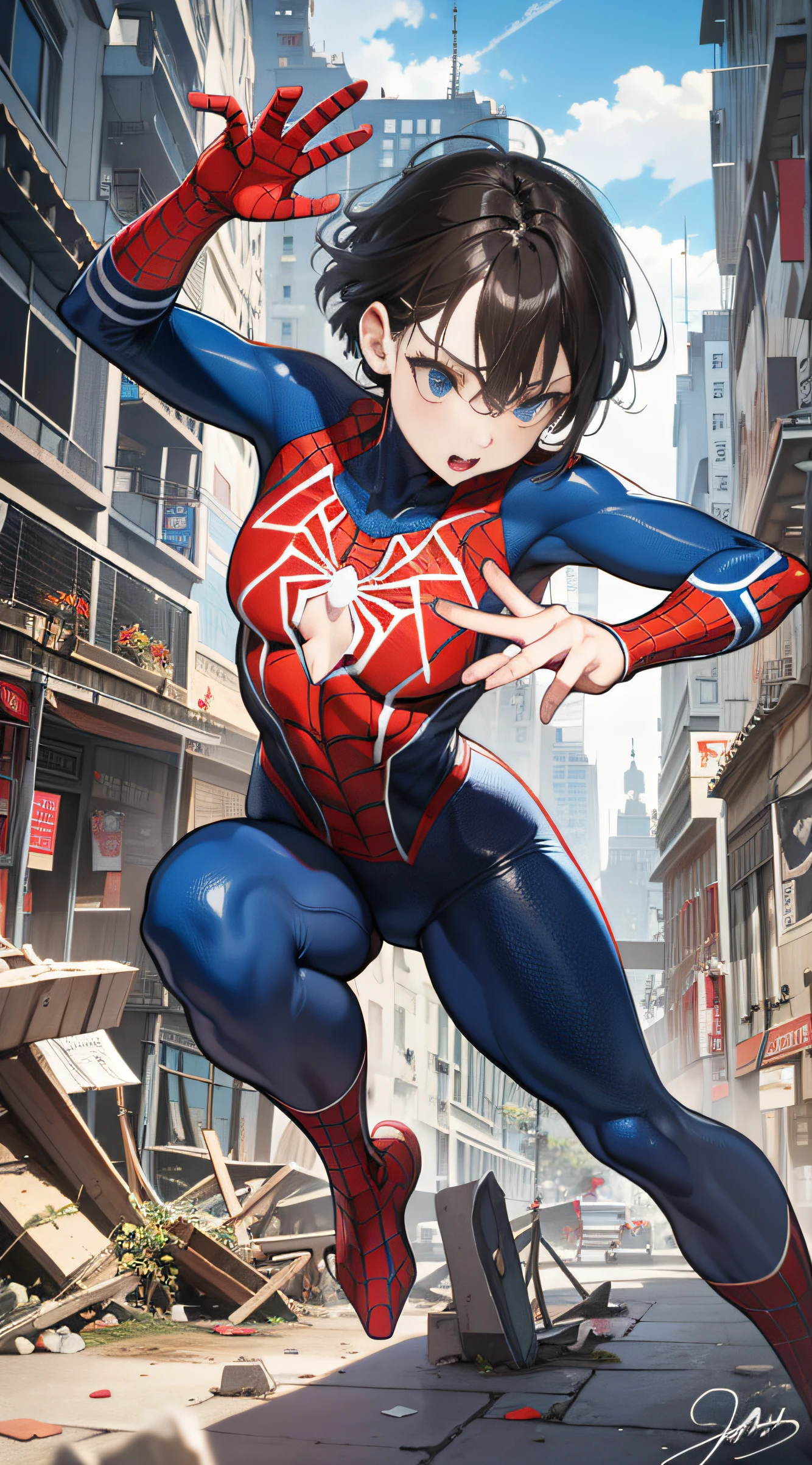 （（（optimal quality））），（（（superdetailed））），（（（masterpaintings））），（（（manga book））），Cool female superhero，Female Spider-Man，The action is exaggerated and handsome，Spider-Man's signature move，Dynamic，Voice bubbles，Fighting，bang between eyes，The background is the ruins of the city after the Great War，Epic cinematic footage。