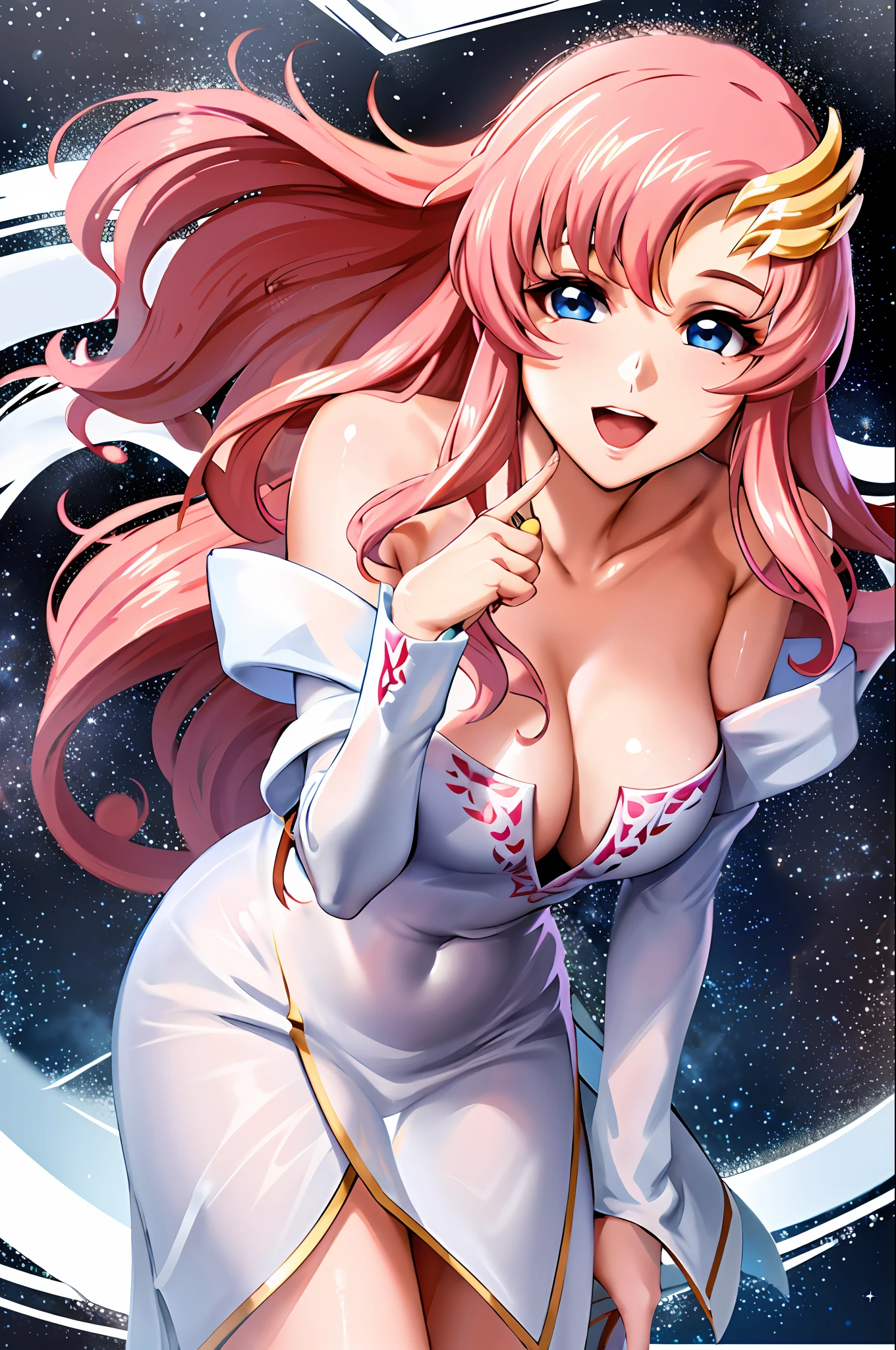 (masterpiece, 4k, best quality, anime style: 1.9, detailed face, pure white background, bold drawing lines, highres, anime, lacus4), 1girl, solo, curvy figure, long hair, wavy hair, shining transparent white dress, thighs, hair ornament, pink hair, cleavage, big blue eyes, off-shoulder, MEDIUM breasts, smile, open mouth very much, very slim belly, cowboy shot, leaning forward, hungry