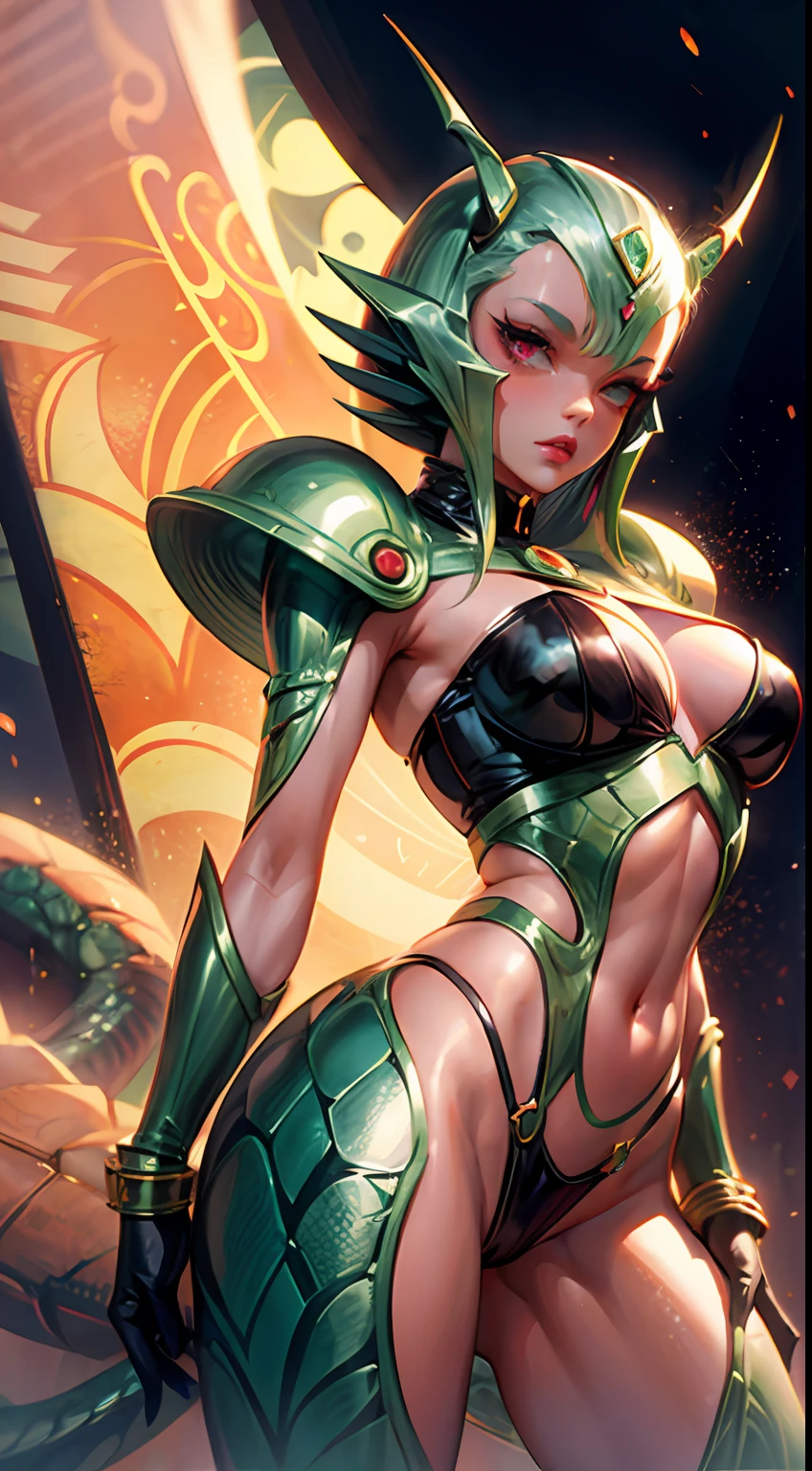 Cartoon photo of woman in green and red costume, hot insect humanoid woman, Guyver style, SFW version, red eye, scarab reploid, bellows tail, cel shade adult animation, alien queen, serpentine pose,