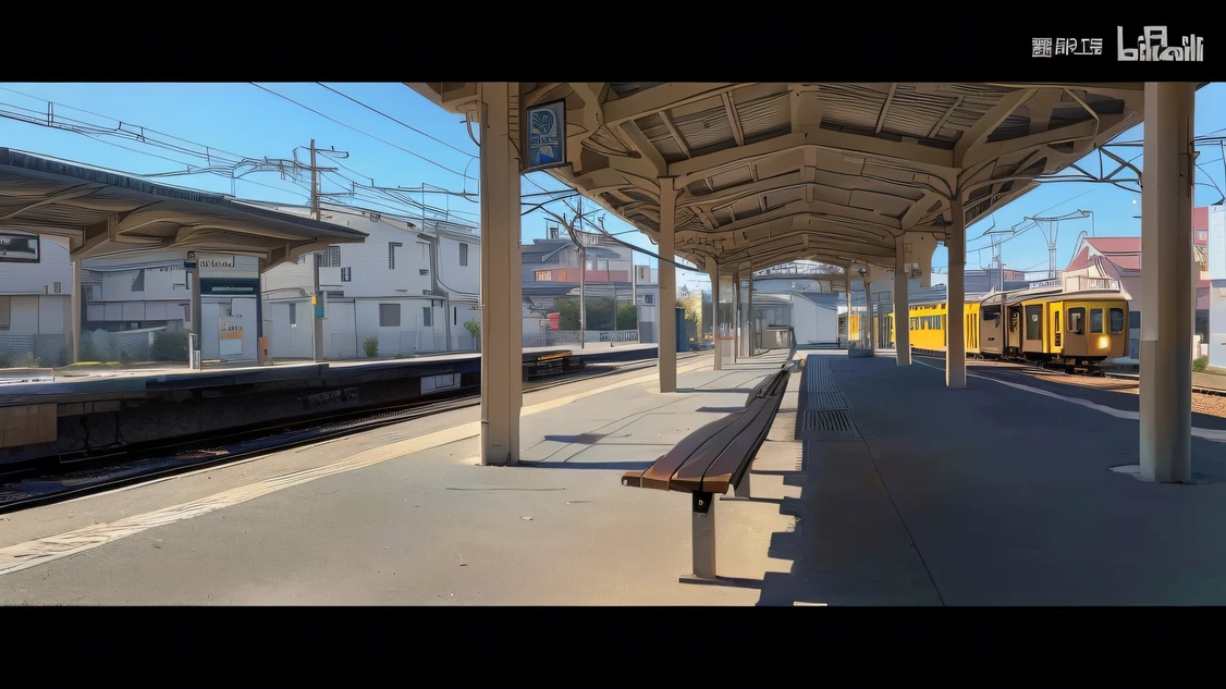 there is a train that is pulling into the station with a bench, drinking a beer at train station, train station in summer, train station explosion,, sitting in tokyo, Train station, , cinematic shot ar 9:16 -n 6 -g, 4 k'', anime style mixed with fujifilm, train station background