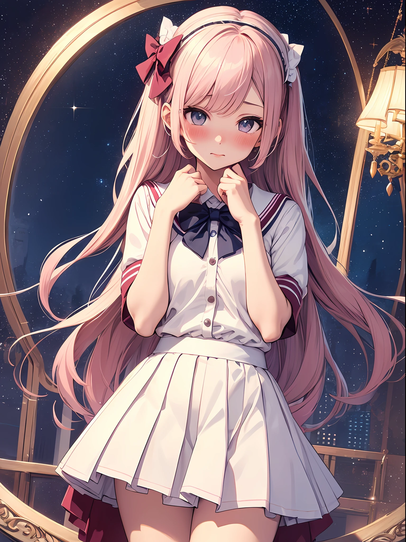 (Maste Piece:1.2),最好质量, tultra-detail,(blushing girl:1.3),(School Uniform:1.2),(White skirt:1.2),ta,Solo,Glittering starry sky,demi-corps, One point of view.