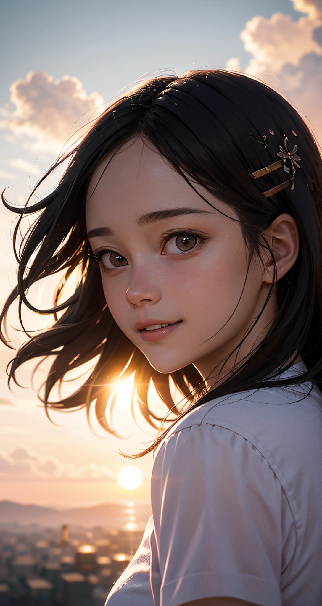 masterpiece, best quality, movie still, 1girl, cloud girl, floating in the sky, close-up, bright, happy, warm soft lighting, sunset, (sparks:0.7)