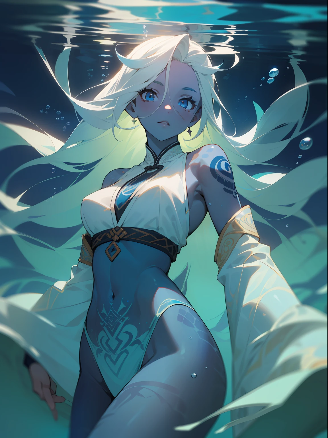 ((masterpiece)), (((best quality))), (illustration | cinematic), (female), (1woman), (mature:1.4), (blue skin:1.3), (blue skin), ((dark blue skin:1.4)), ((colored skin)), (blonde hair), ((white hair)), ((blue eyes)), ((dark tattoos all over body | white tattoos all over body)), (((asian clothes:1.0))) intricate, 8k, HD, FXAA, (absurdres), ((detailed illustration), (very detailed), highres, (HDR), (detailed light), ((detailed background), (()), ((underwater | girl underwater | hair spreads over the water))