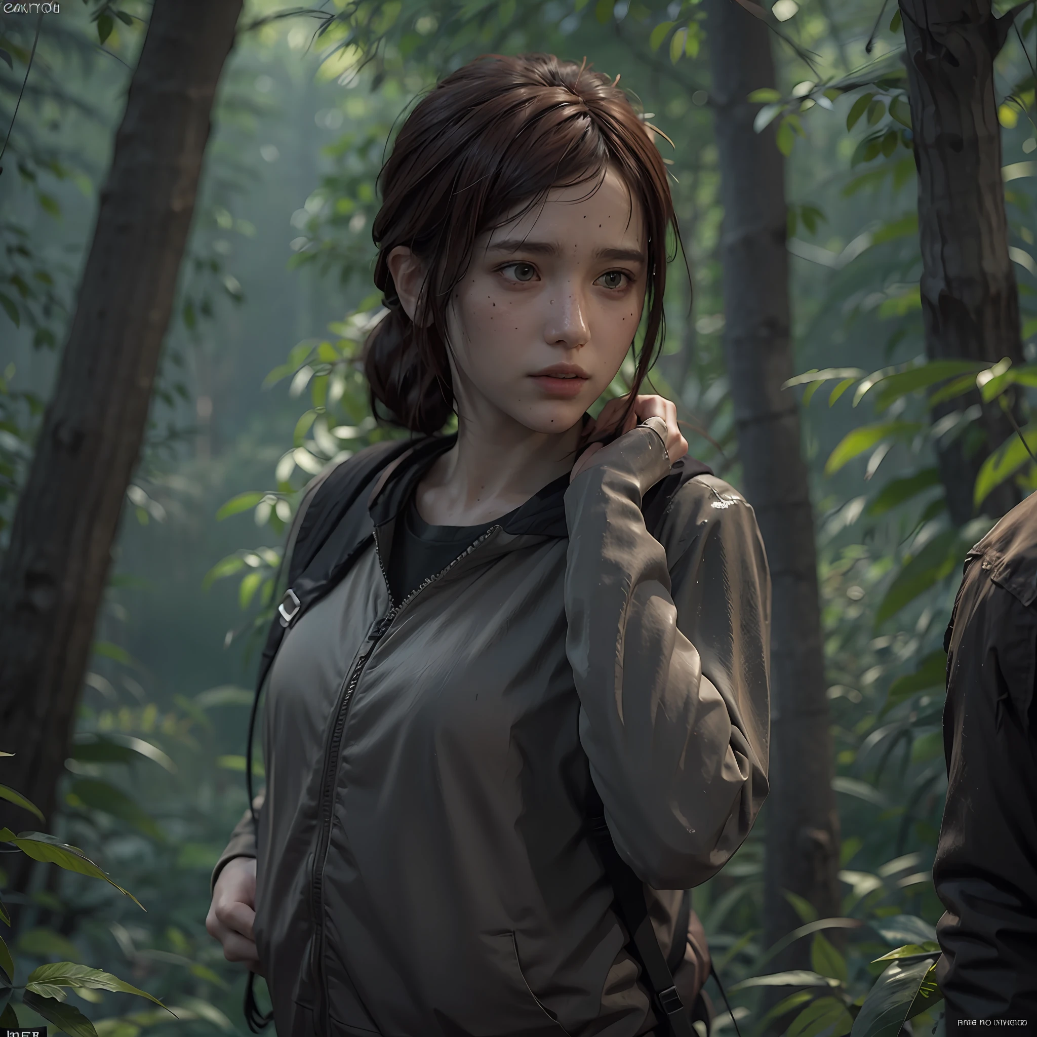 The last of us, Ellie running out of Forest, cinematic lighting hyper realistic super details skin texture is very detail,